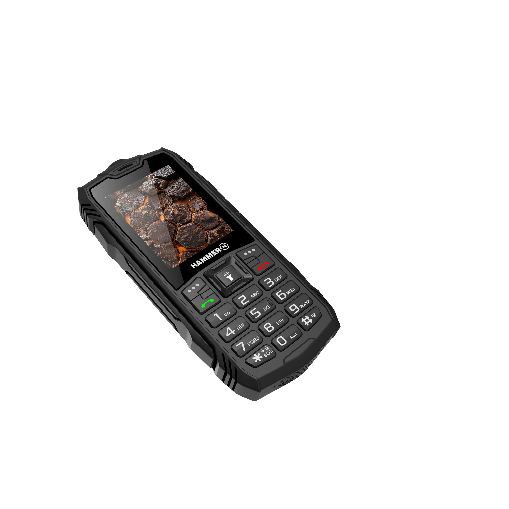 Egy fekete, strapabíró mobiltelefon, amelynek képernyőjén lávaszerű kép látható. Gombok vannak rajta, és szürke háttéren van elhelyezve.