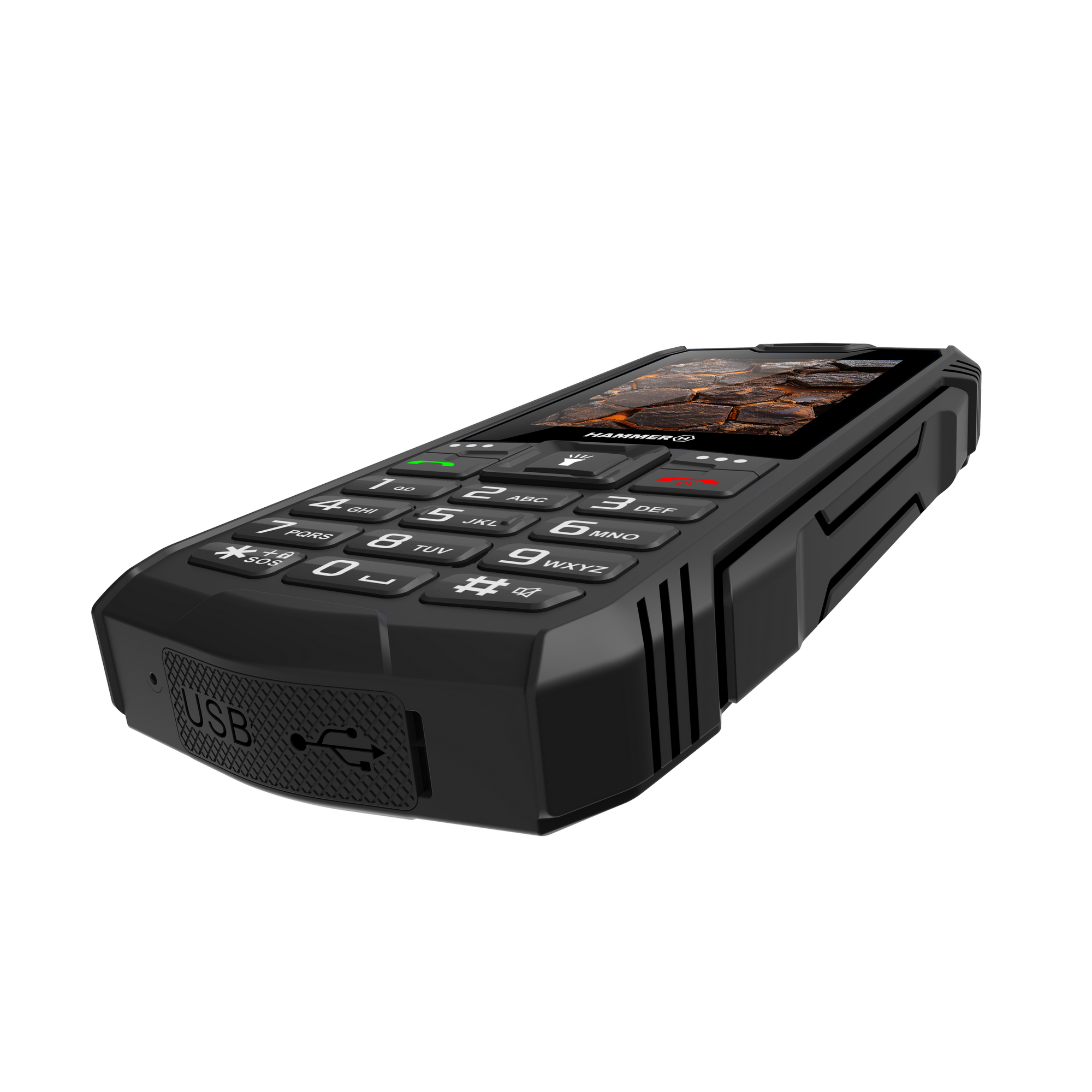 Egy fekete Hammer telefon látható szögben, gombokkal, képernyővel és USB-porttal, szürke háttéren.
