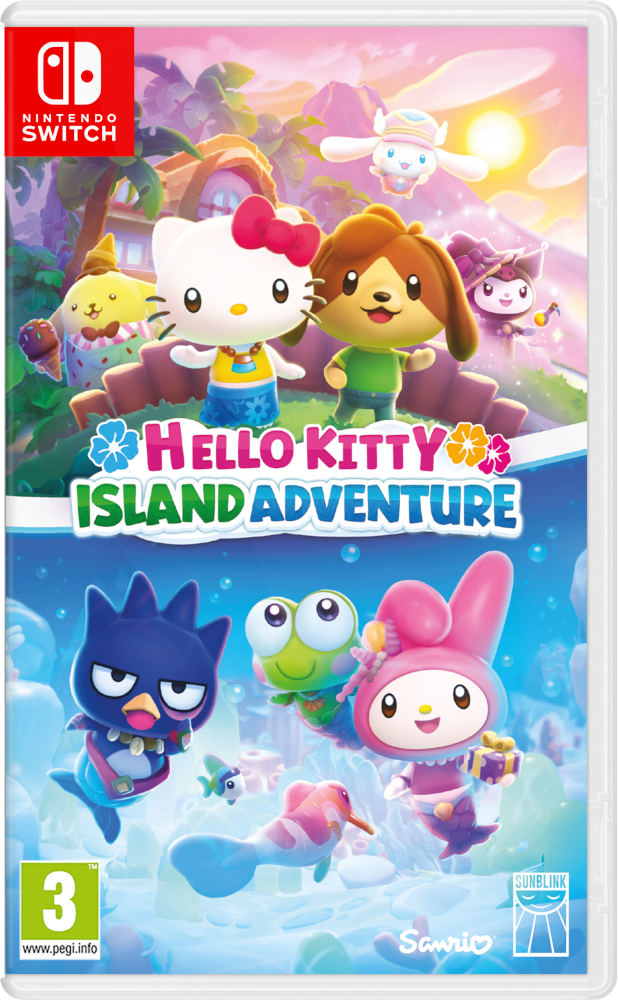 Okładka gry Hello Kitty Island Adventure. Postacie to Hello Kitty, My Melody, Keroppi i inni na wyspie.