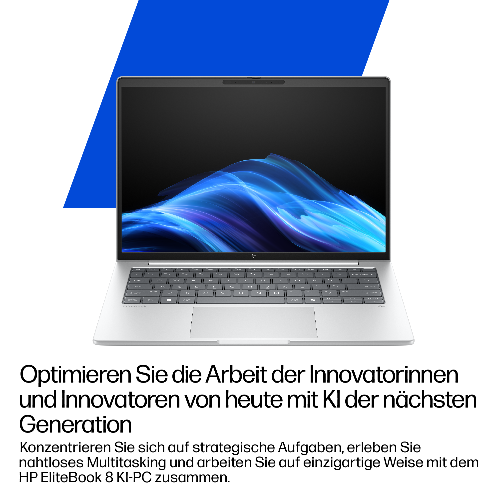 Silberner Laptop mit schwarzem Bildschirm, blauem und weißem Hintergrund. Text unten: 'HP EliteBook 8'.