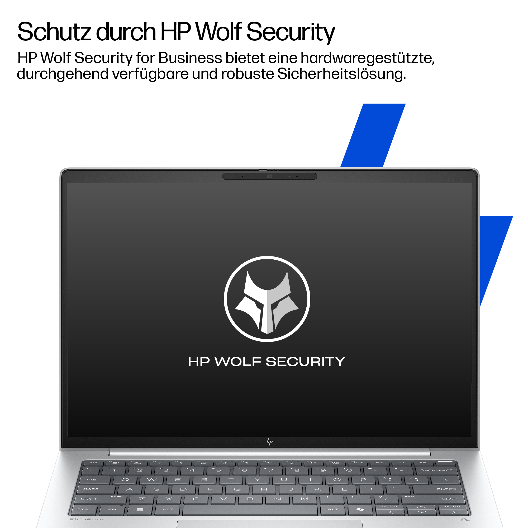 Ein HP-Laptop zeigt das HP Wolf Security-Logo. Blaue Formen befinden sich oben. Text auf Deutsch und Englisch.
