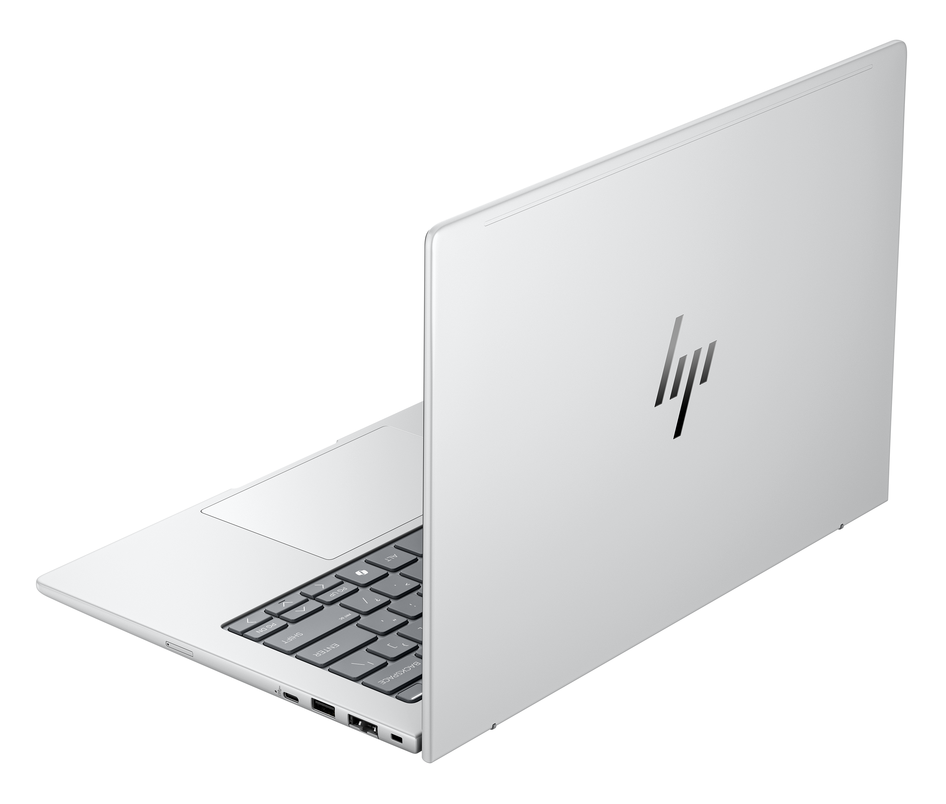 Ein silberner HP-Laptop wird in einem Winkel gezeigt, geöffnet, um die Tastatur freizugeben. Das HP-Logo ist auf dem Deckel sichtbar.
