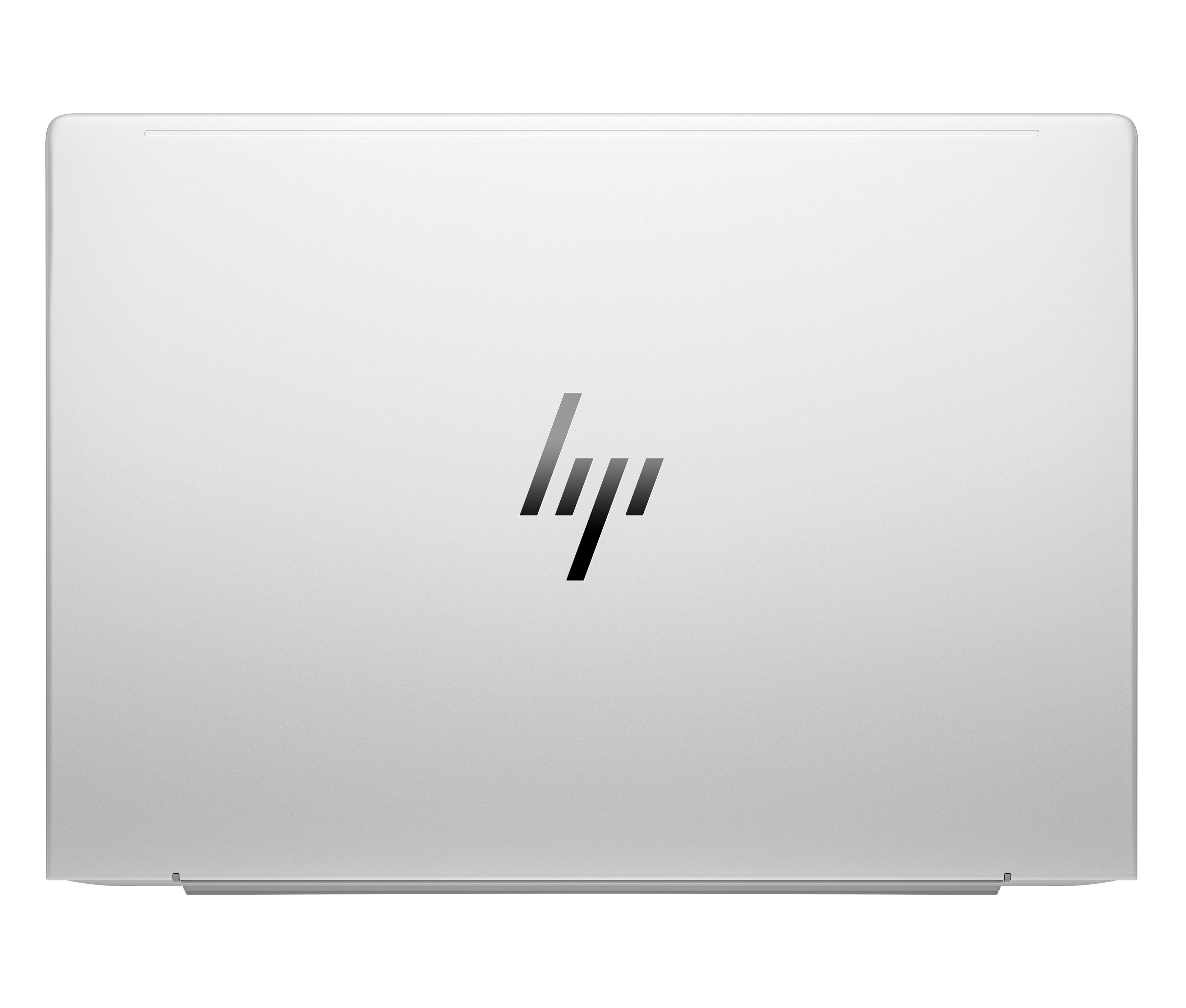 Ein geschlossener silberner Laptop, die Oberseite mit einem schwarzen HP-Logo in der Mitte. Die Oberfläche ist gebürstetes Metall. Der Hintergrund ist weiß.
