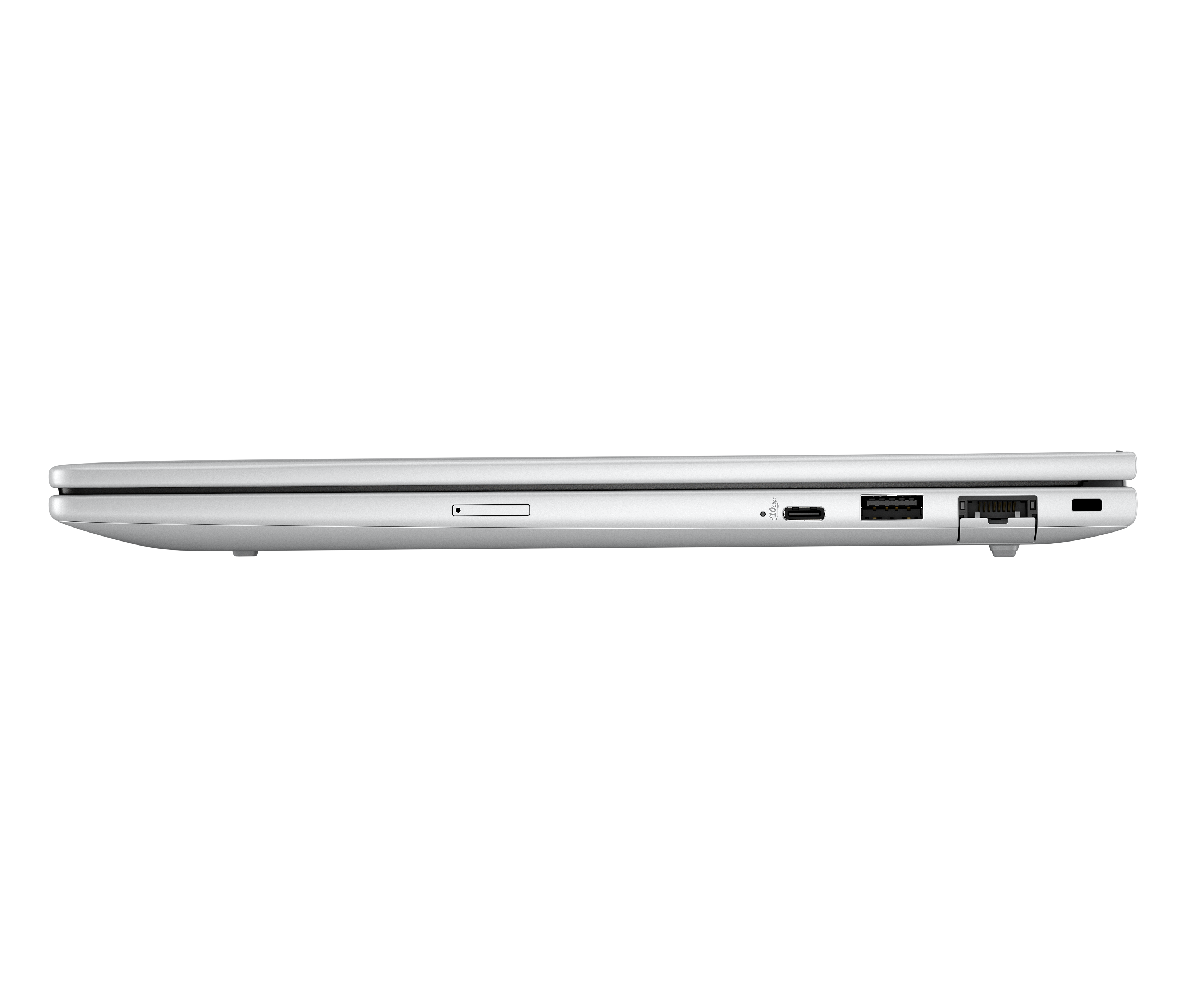 Seitenansicht eines silbernen Laptops. Anschlüsse: USB, SD-Kartensteckplatz und Netzwerkanschluss. Der Laptop ist geschlossen.