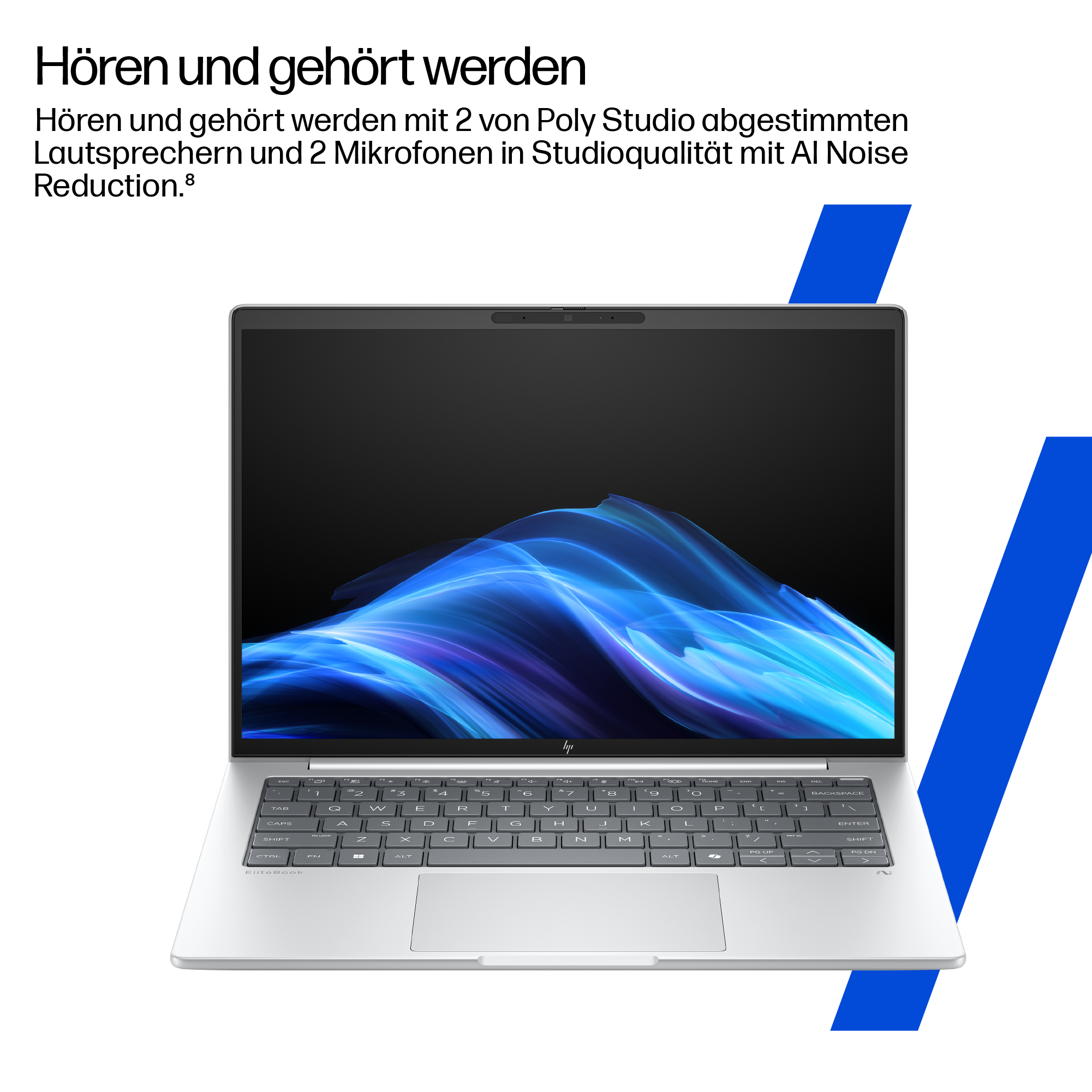 Silberner Laptop mit schwarzem Bildschirm, Tastatur sichtbar. Blauer und weißer abstrakter Hintergrund. Text oben.