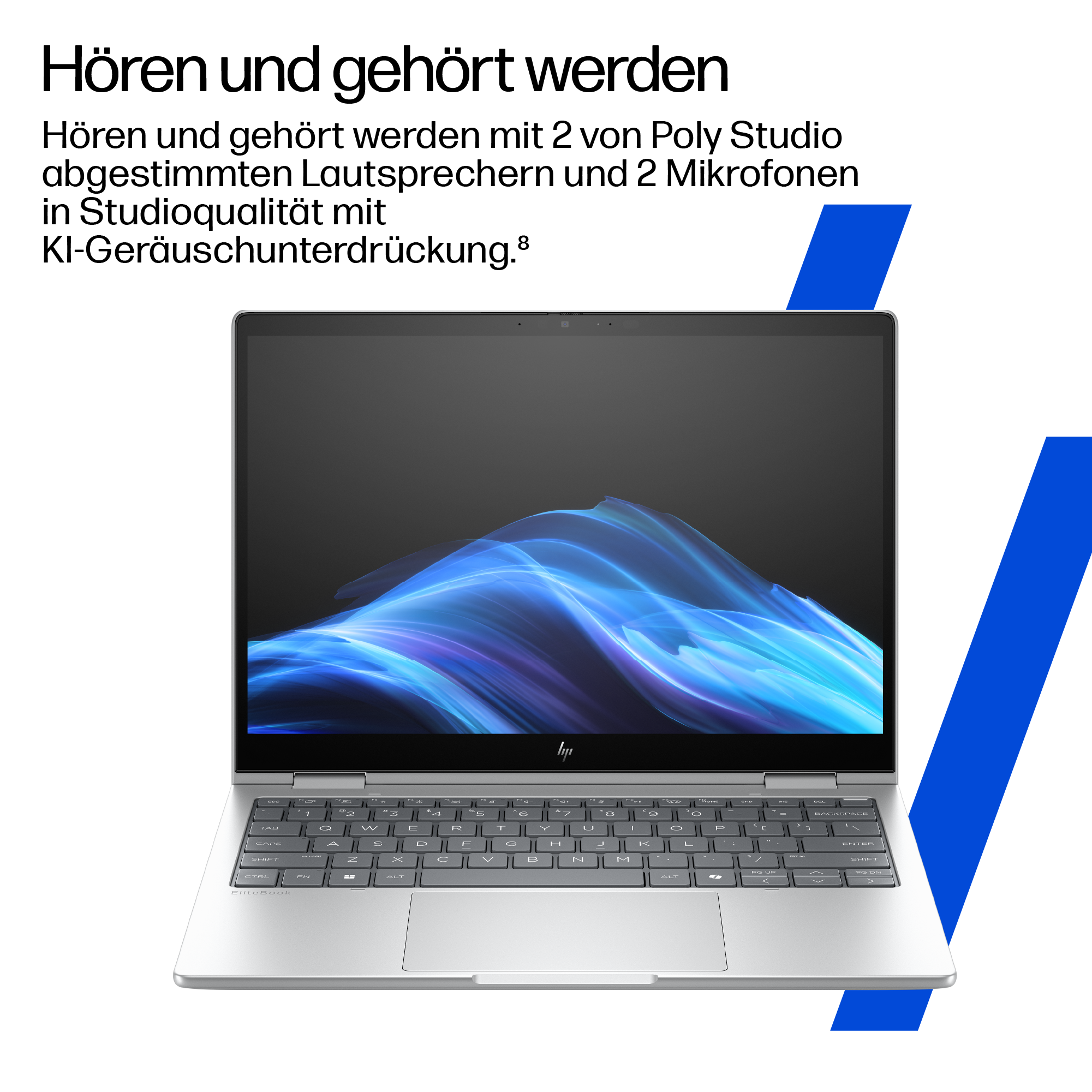 Ein silberner Laptop ist geöffnet und zeigt ein blaues und violettes abstraktes Design auf dem Bildschirm. Text oben.