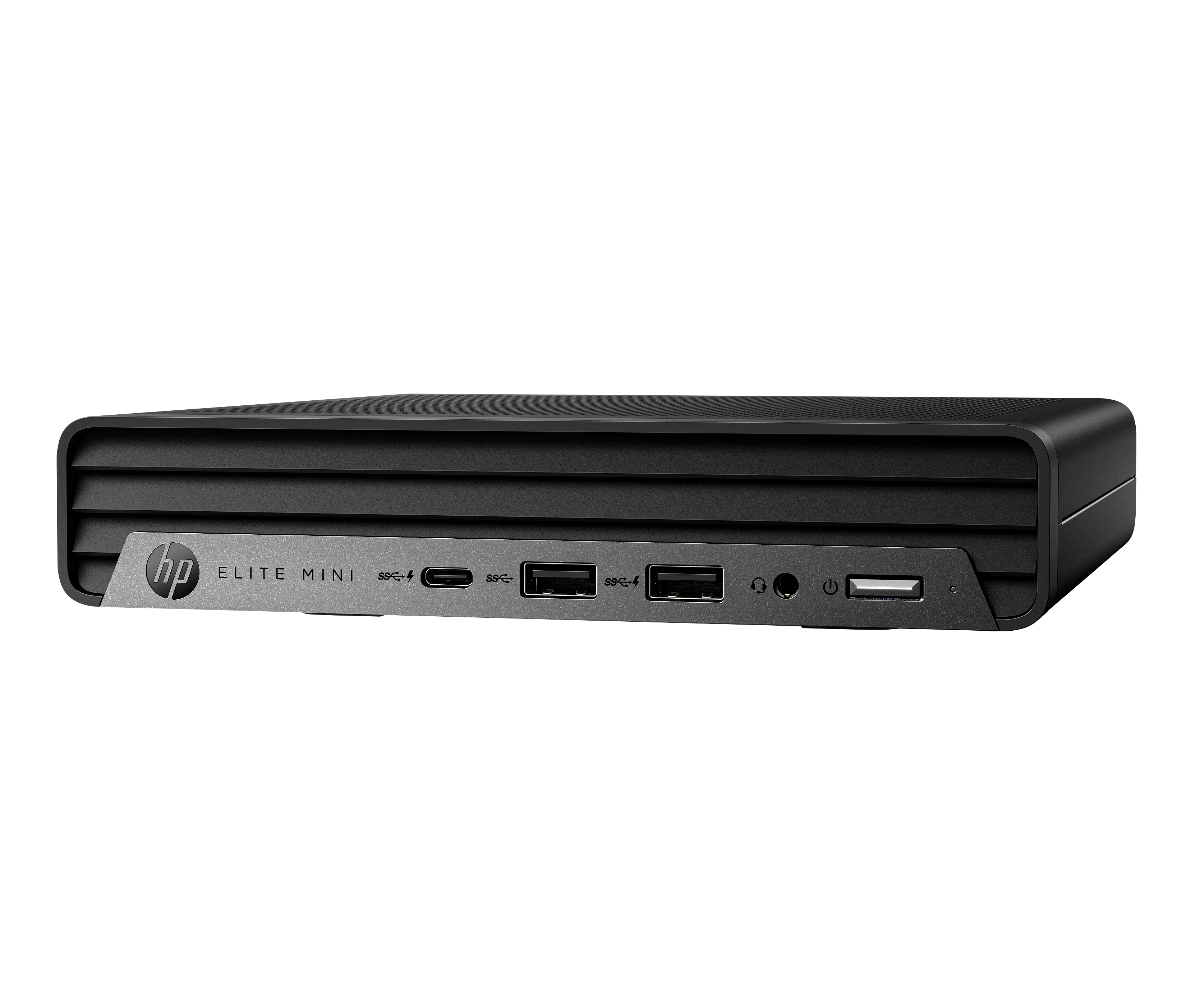 Schwarzer HP Elite Mini PC. Mit Anschlüssen, Power-Taste und HP-Logo. Auf schwarzem Hintergrund.