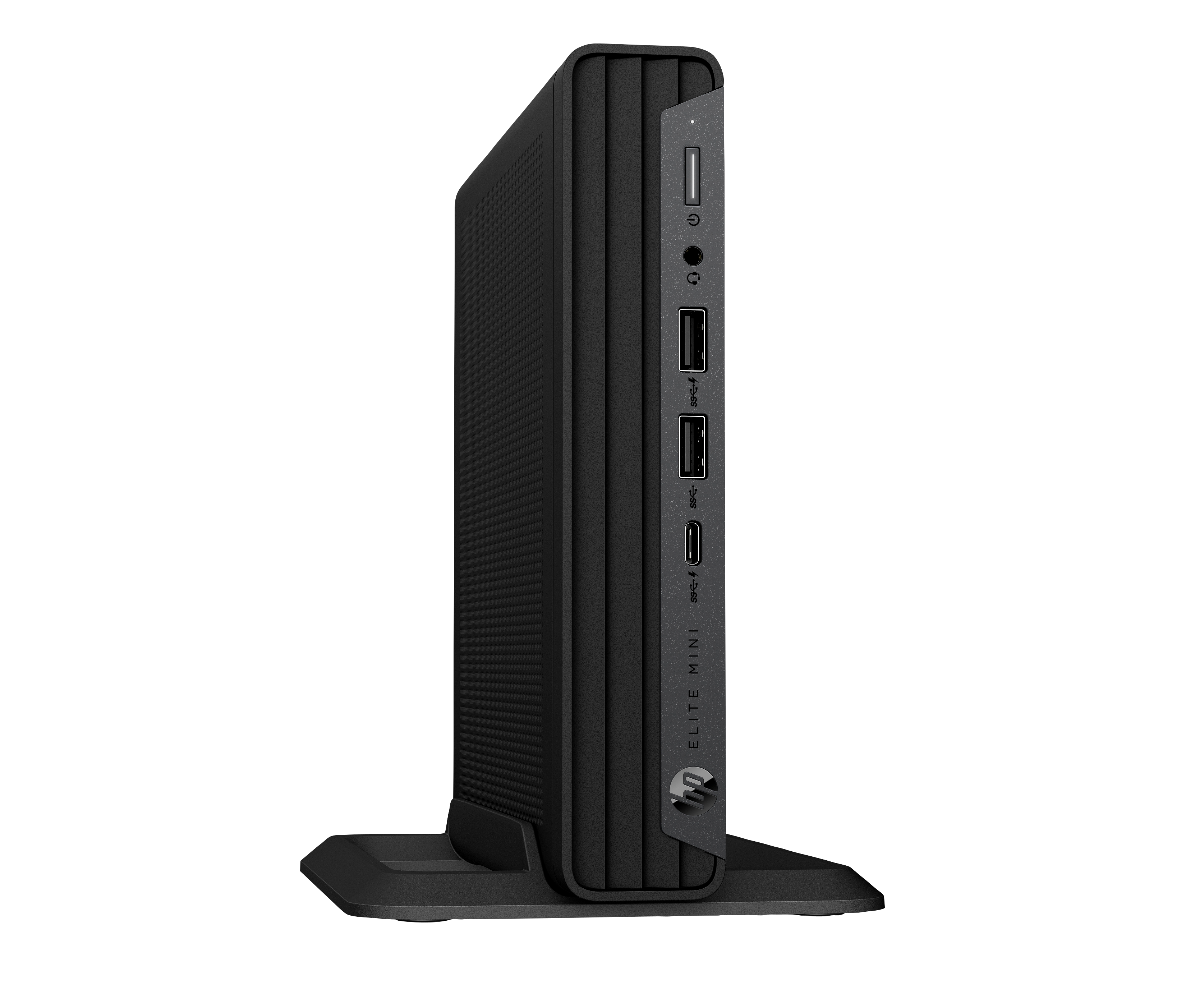 Schwarzer Computer, Elite Mini, steht auf einem schwarzen Ständer. Seitenansicht mit Anschlüssen und USB.