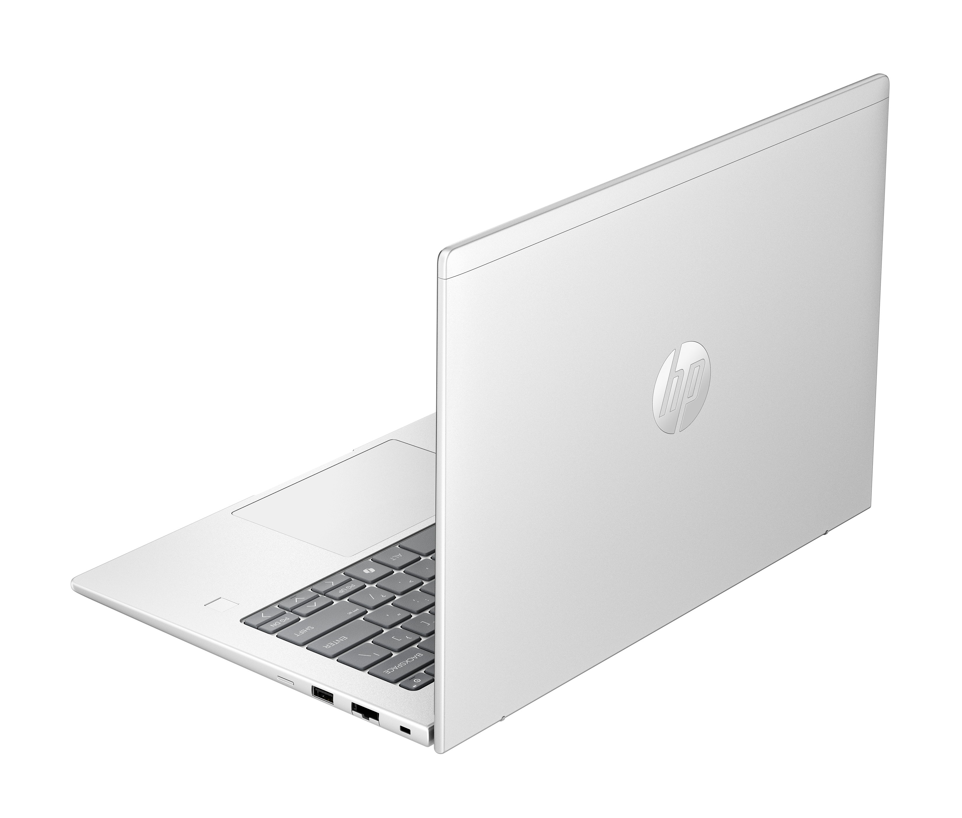 Een witte HP laptop op een zwarte achtergrond. Het scherm is open en toont het toetsenbord. Het HP logo is zichtbaar.