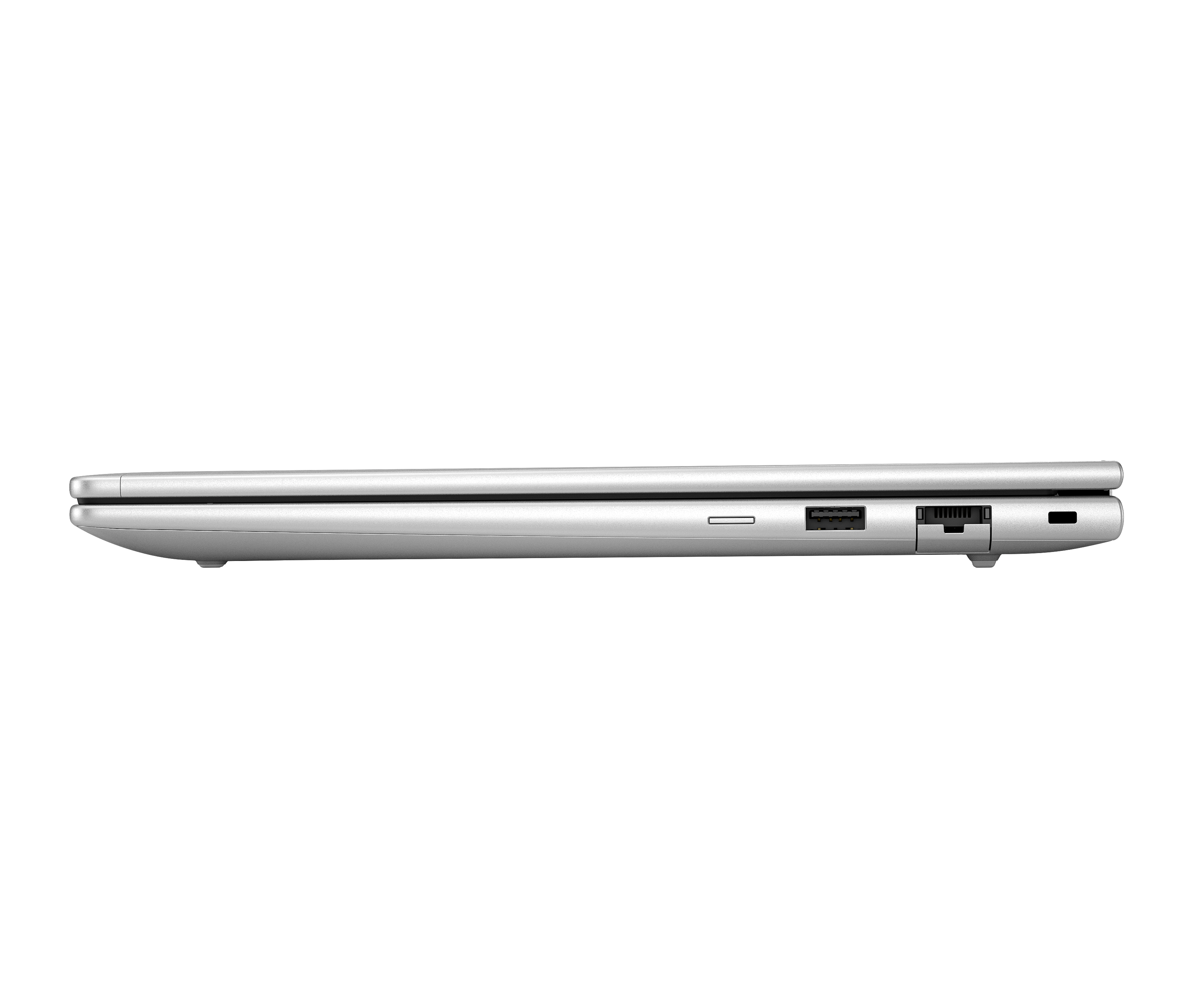 Zijaanzicht van zilveren laptop, gesloten. Toont poorten voor USB, opladen en andere connectoren.
