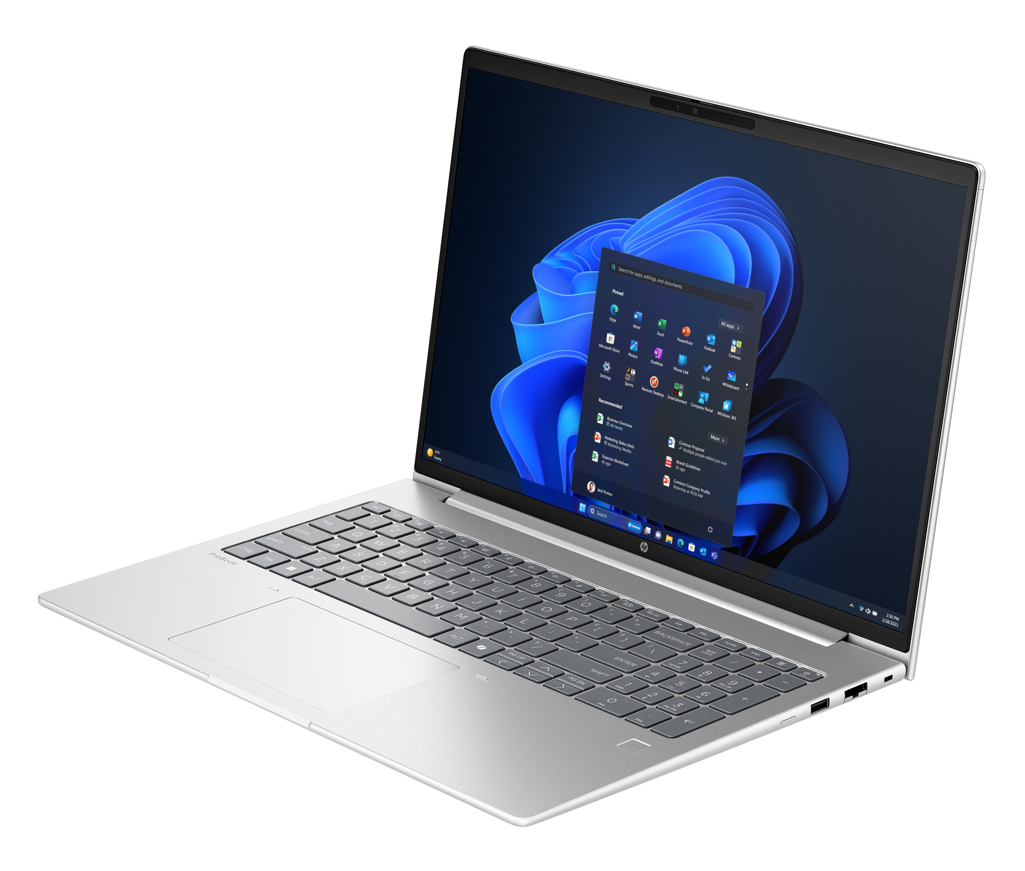 Un ordinateur portable argenté sur fond noir, affichant un menu Windows 11.