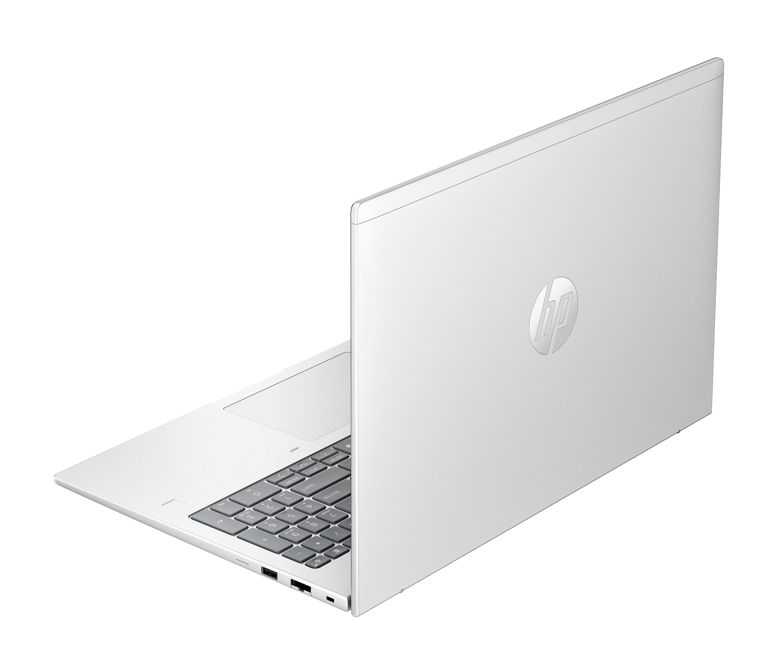 Un ordinateur portable HP blanc est ouvert en angle. L'arrière montre le logo HP. Le clavier est visible, sur fond noir.