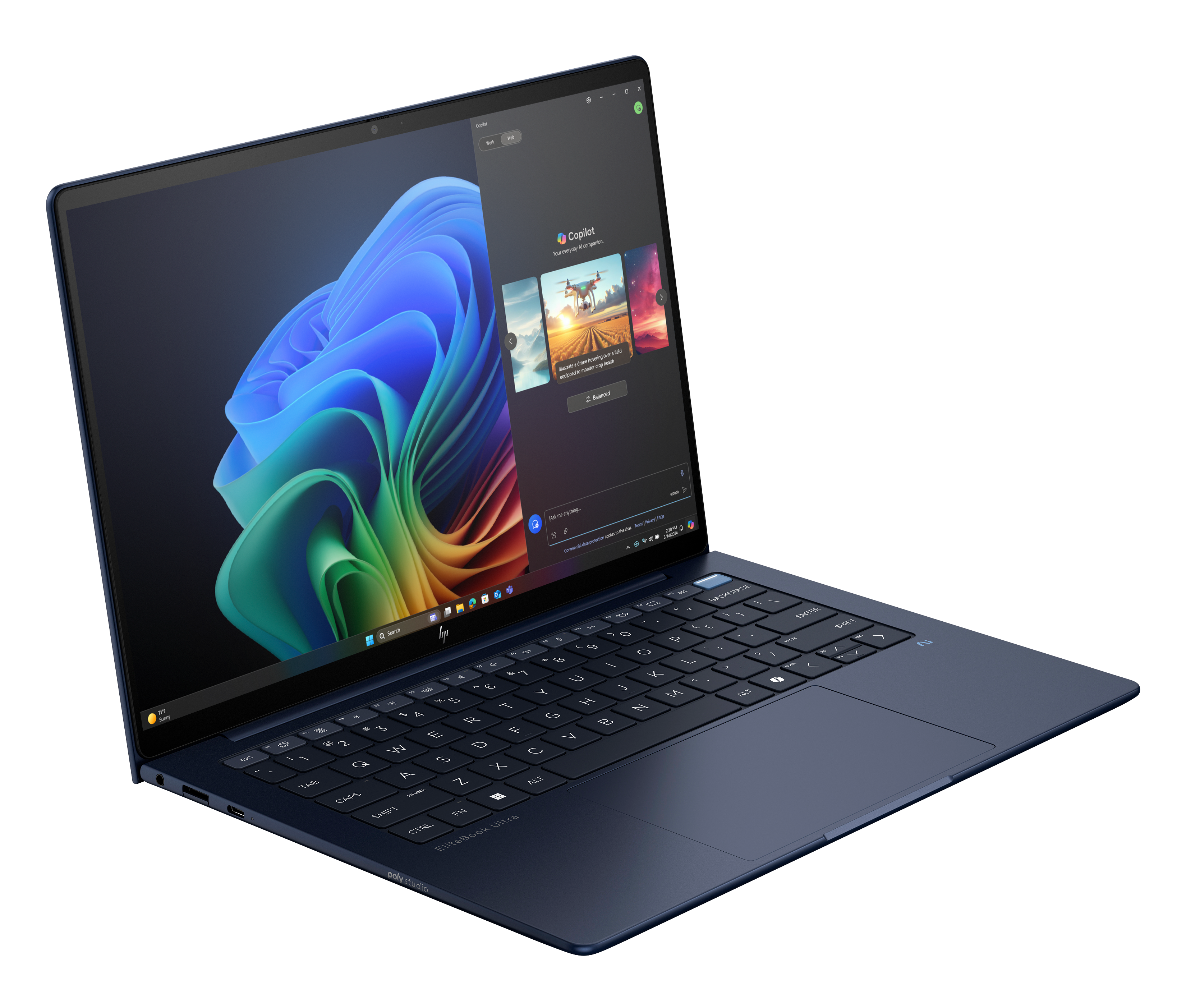 Ein blauer Laptop ist geöffnet und zeigt die Copilot-KI-Oberfläche. Die Tastatur ist sichtbar, mit schwarzem Hintergrund.