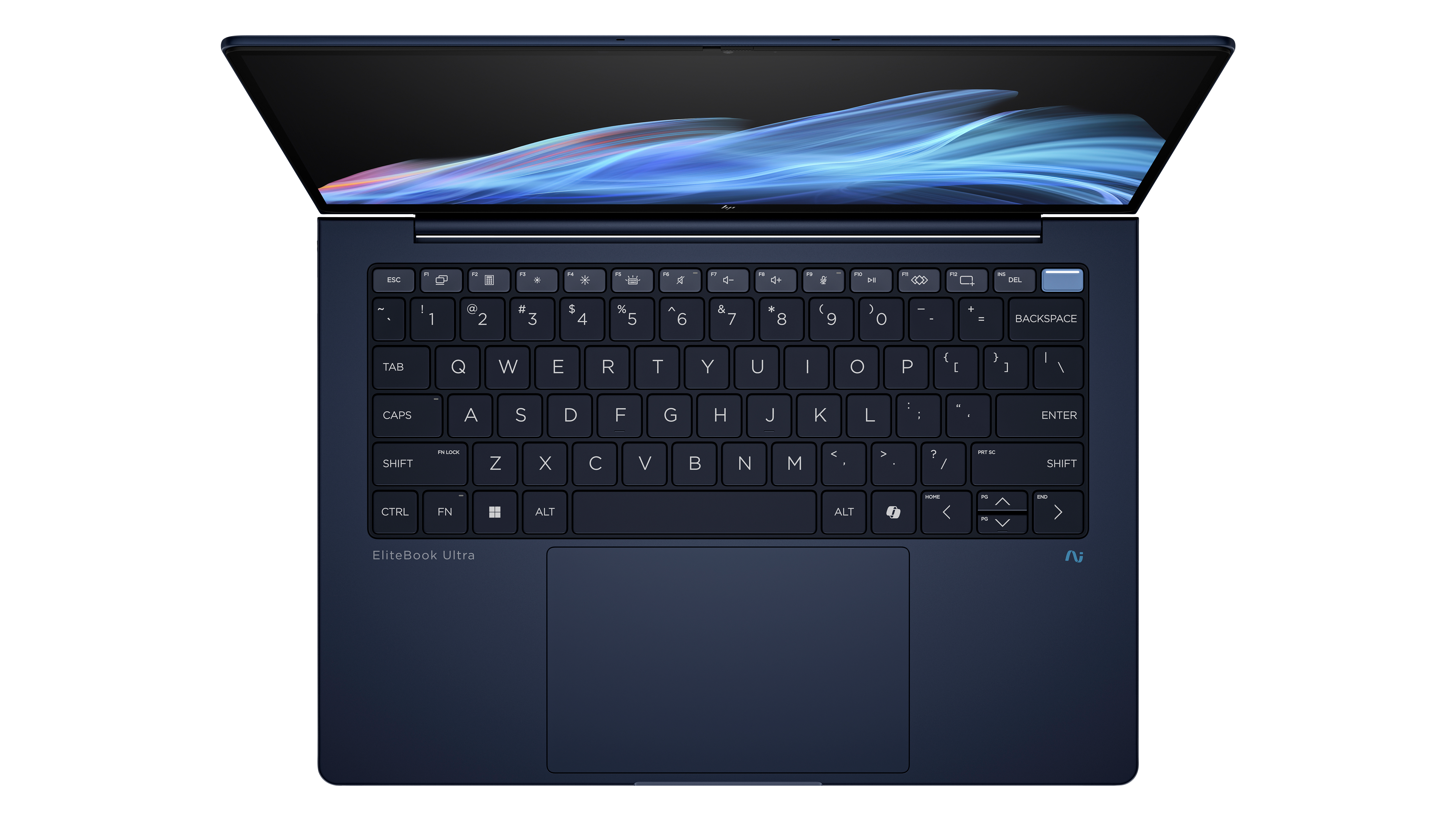 Draufsicht auf einen dunkelblauen Laptop, der geöffnet ist und Tastatur, Touchpad und Bildschirm zeigt. Der Bildschirm zeigt ein blaues und weißes Design.