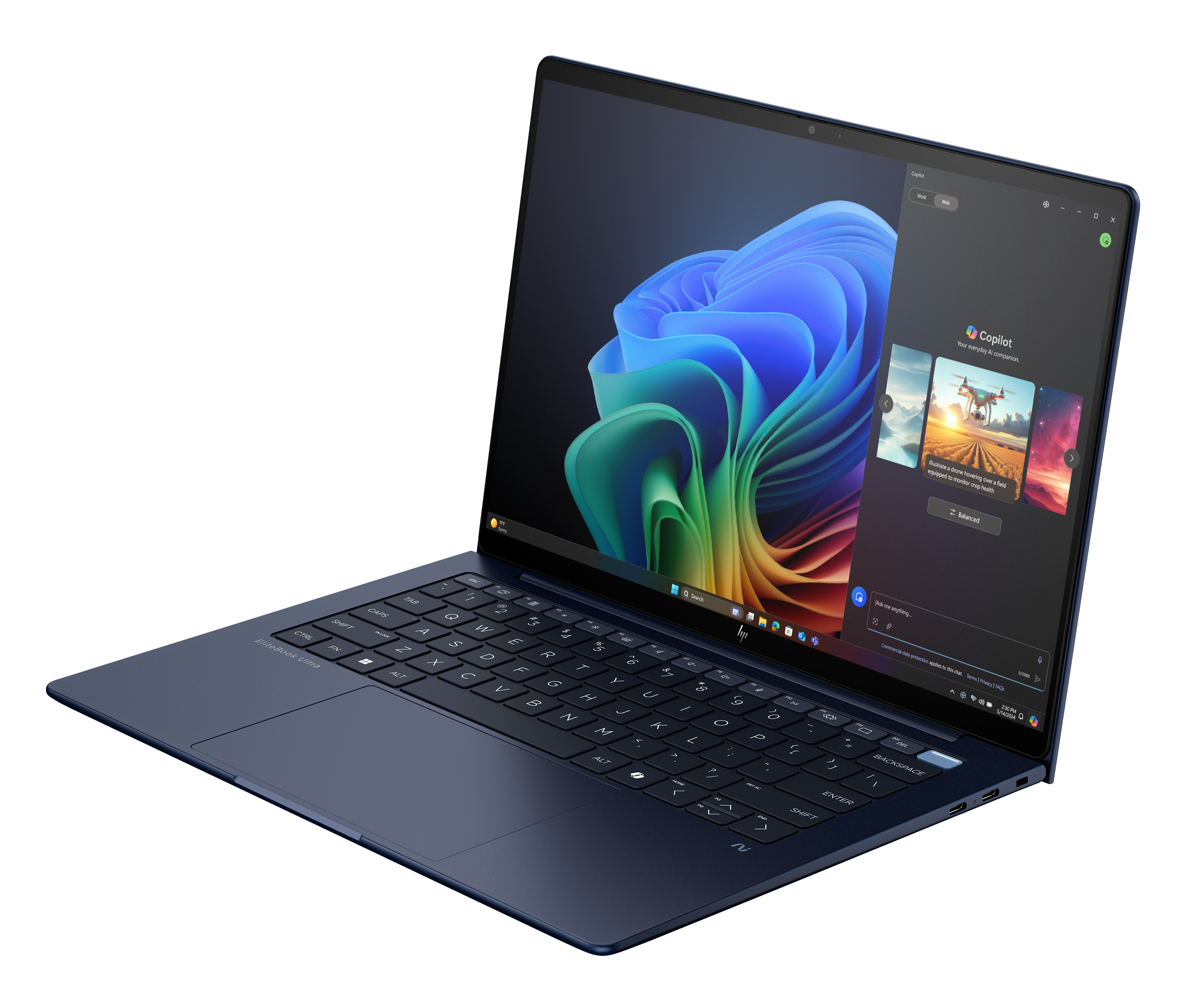 Ein blauer Laptop zeigt einen Bildschirm mit farbenfroher abstrakter Kunst und einem Copilot-Fenster, schwarzer Hintergrund.