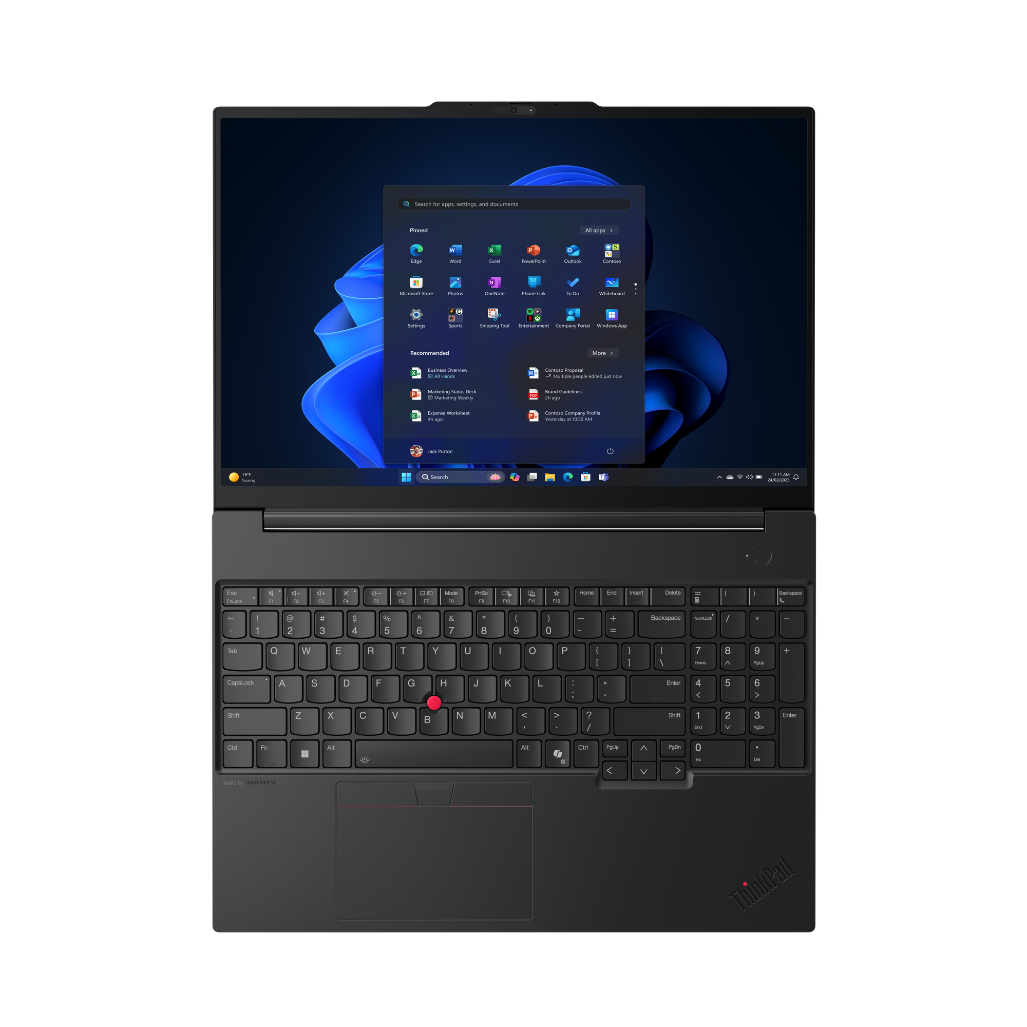 Ein schwarzes ThinkPad-Laptop ist geöffnet. Der Bildschirm zeigt das Windows-Startmenü. Die Tastatur ist sichtbar.