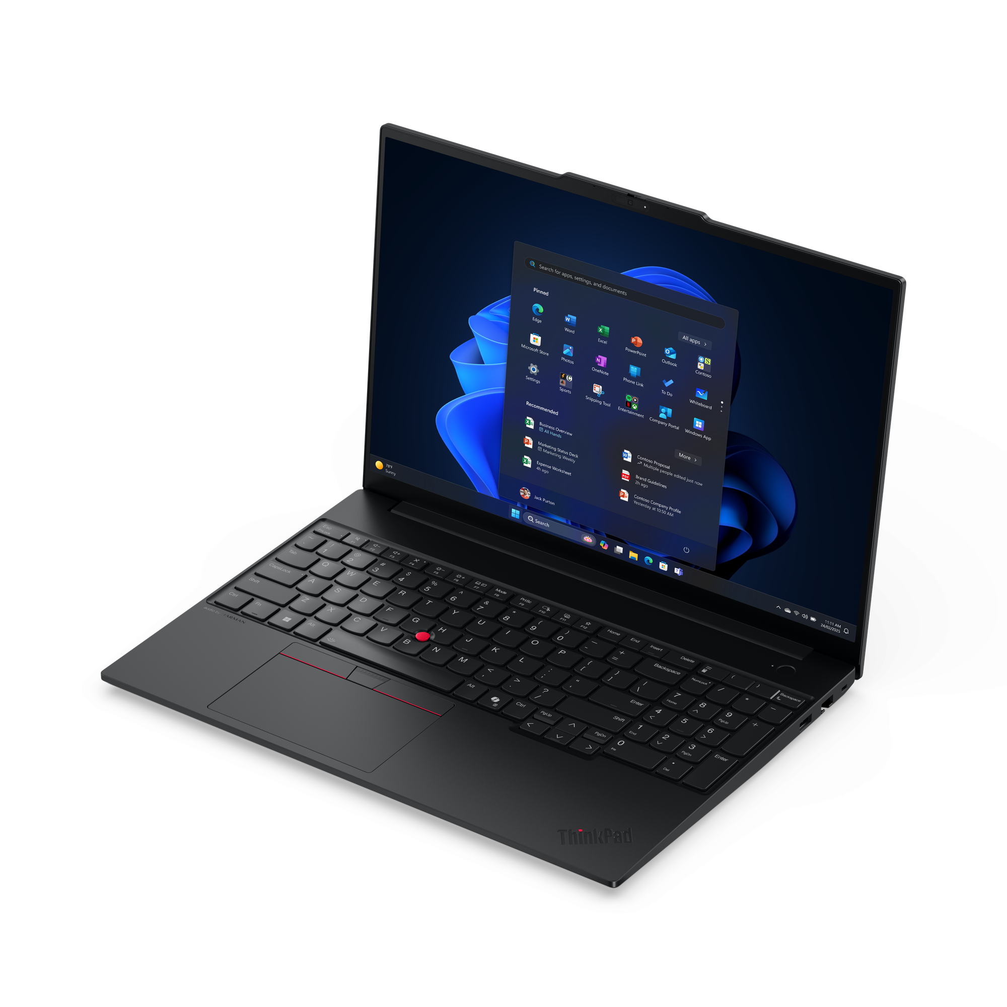 Ein schwarzes ThinkPad-Laptop zeigt eine Windows 11-Oberfläche. Der Bildschirm zeigt App-Symbole und eine Suchleiste. Tastatur sichtbar.