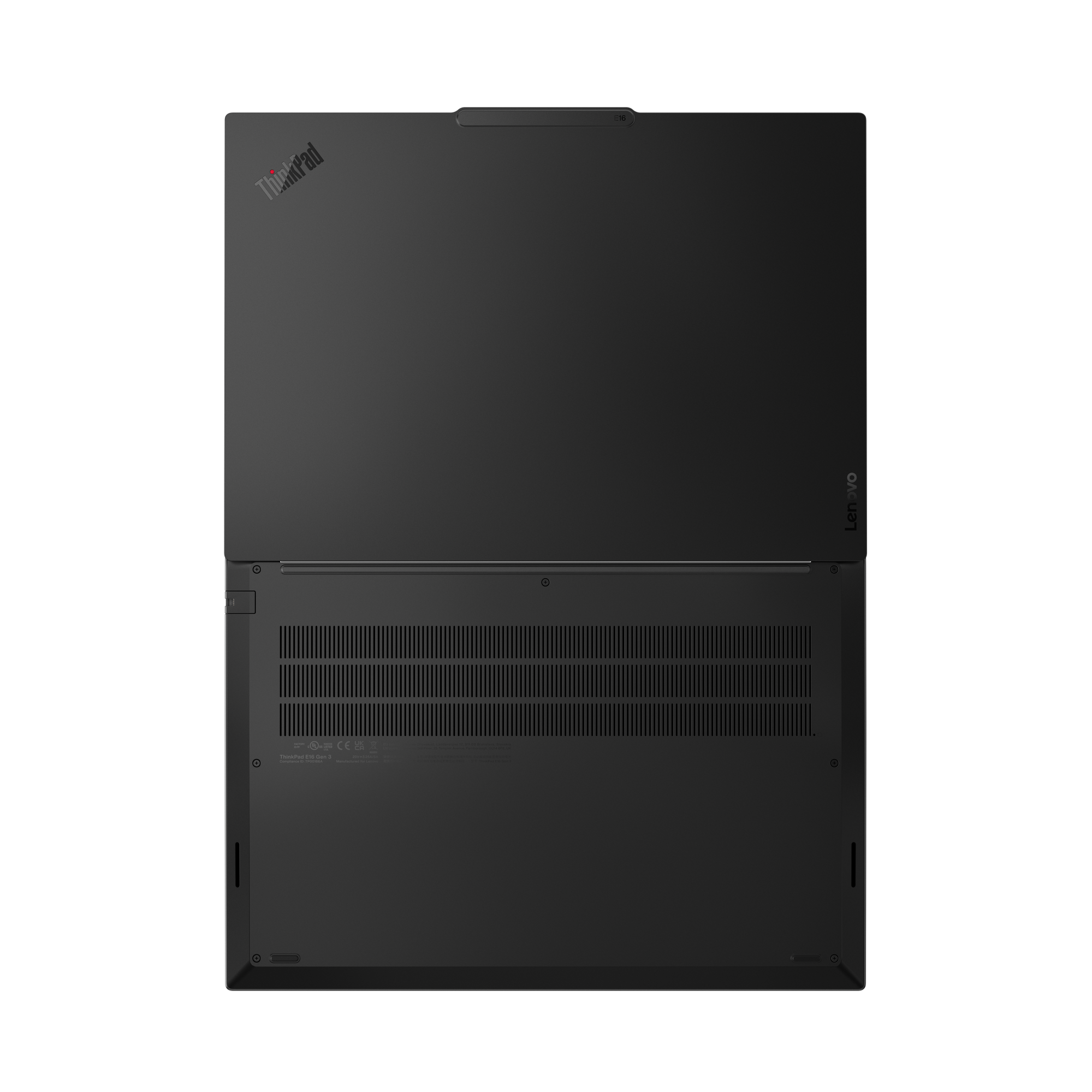 Schwarzer Lenovo ThinkPad Laptop, Draufsicht. Merkmale: ThinkPad-Logo, Lenovo-Logo und Lüftungsschlitze. Geöffnet, Tastatur und Bildschirm sichtbar.