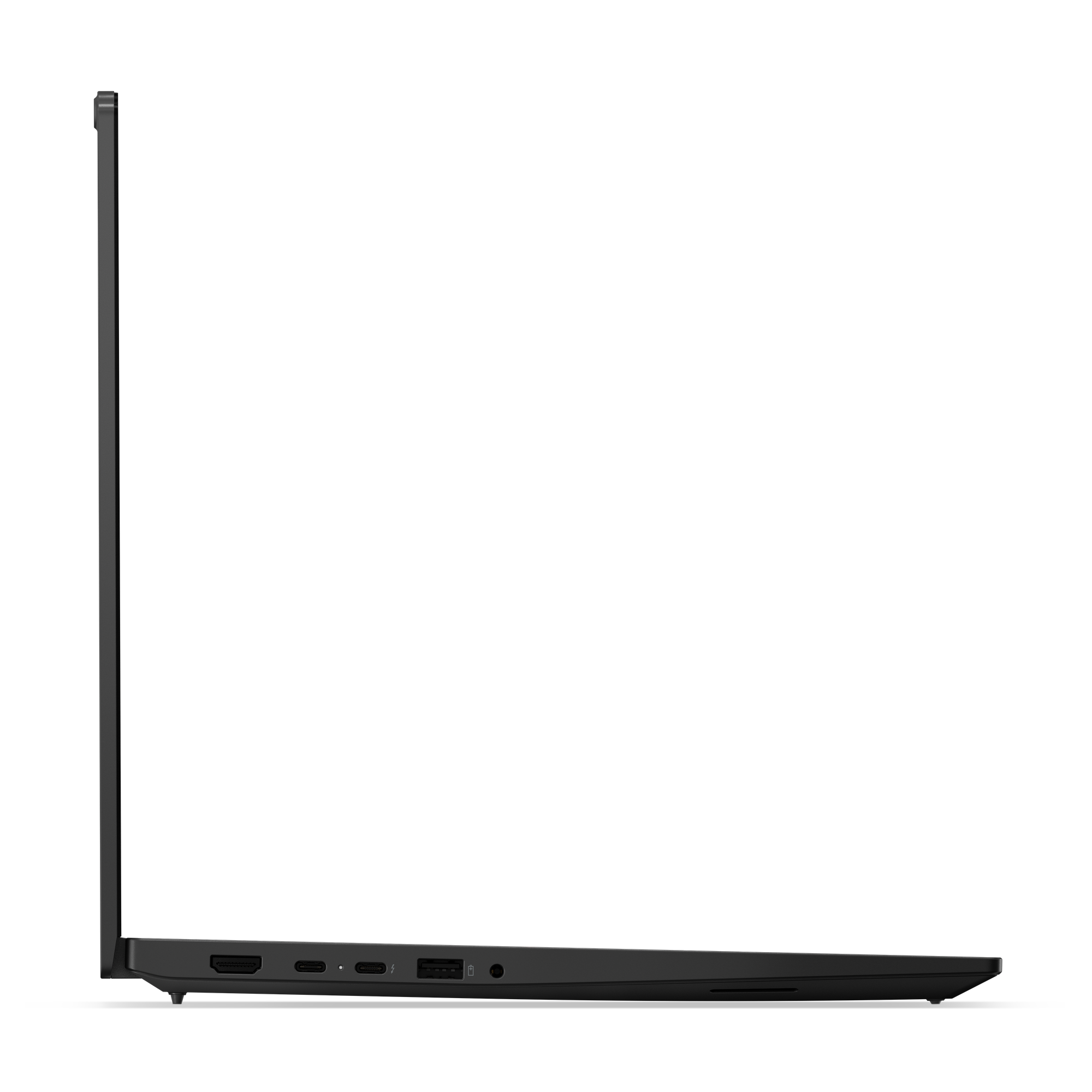 Seitenansicht eines schwarzen Laptops. Anschlüsse: HDMI, USB-C und Audioanschluss. Der Bildschirm ist geschlossen.