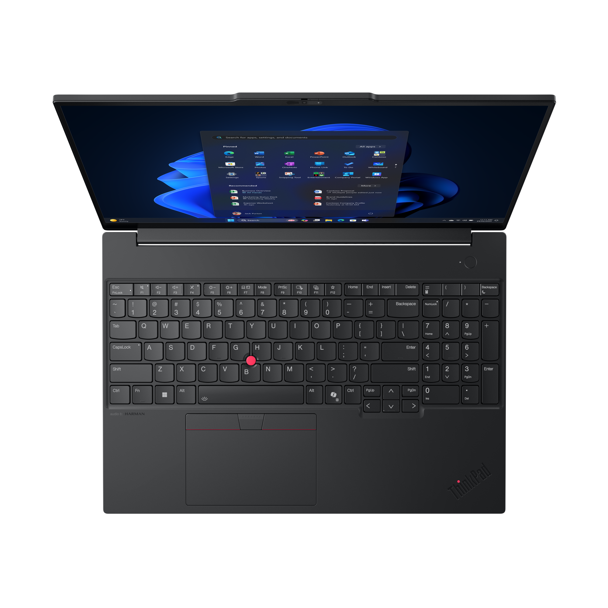 Ein schwarzer ThinkPad-Laptop ist geöffnet und zeigt eine Windows-Oberfläche. Die Tastatur ist sichtbar, und der Bildschirm ist an.