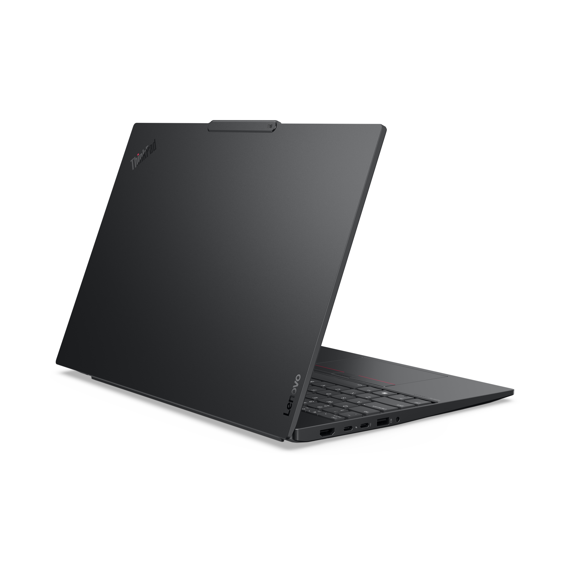 Schwarzer Lenovo ThinkPad Laptop, geöffnet auf schwarzem Hintergrund. Das ThinkPad-Logo ist sichtbar.