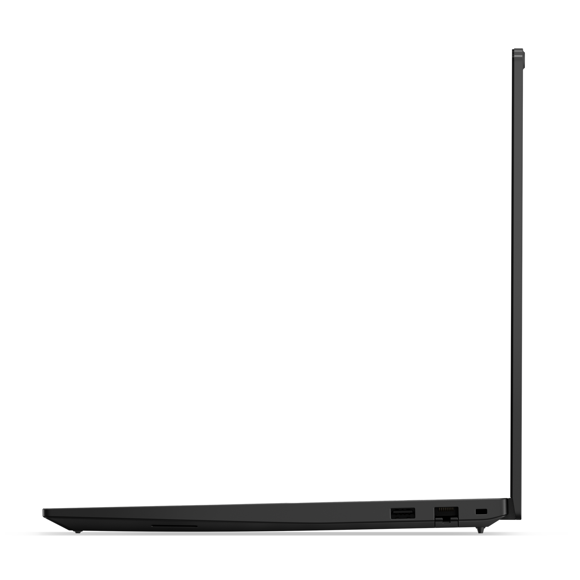 Seitenansicht eines schwarzen Laptops. Der Bildschirm ist geschlossen. Anschlüsse sind an der Seite sichtbar.