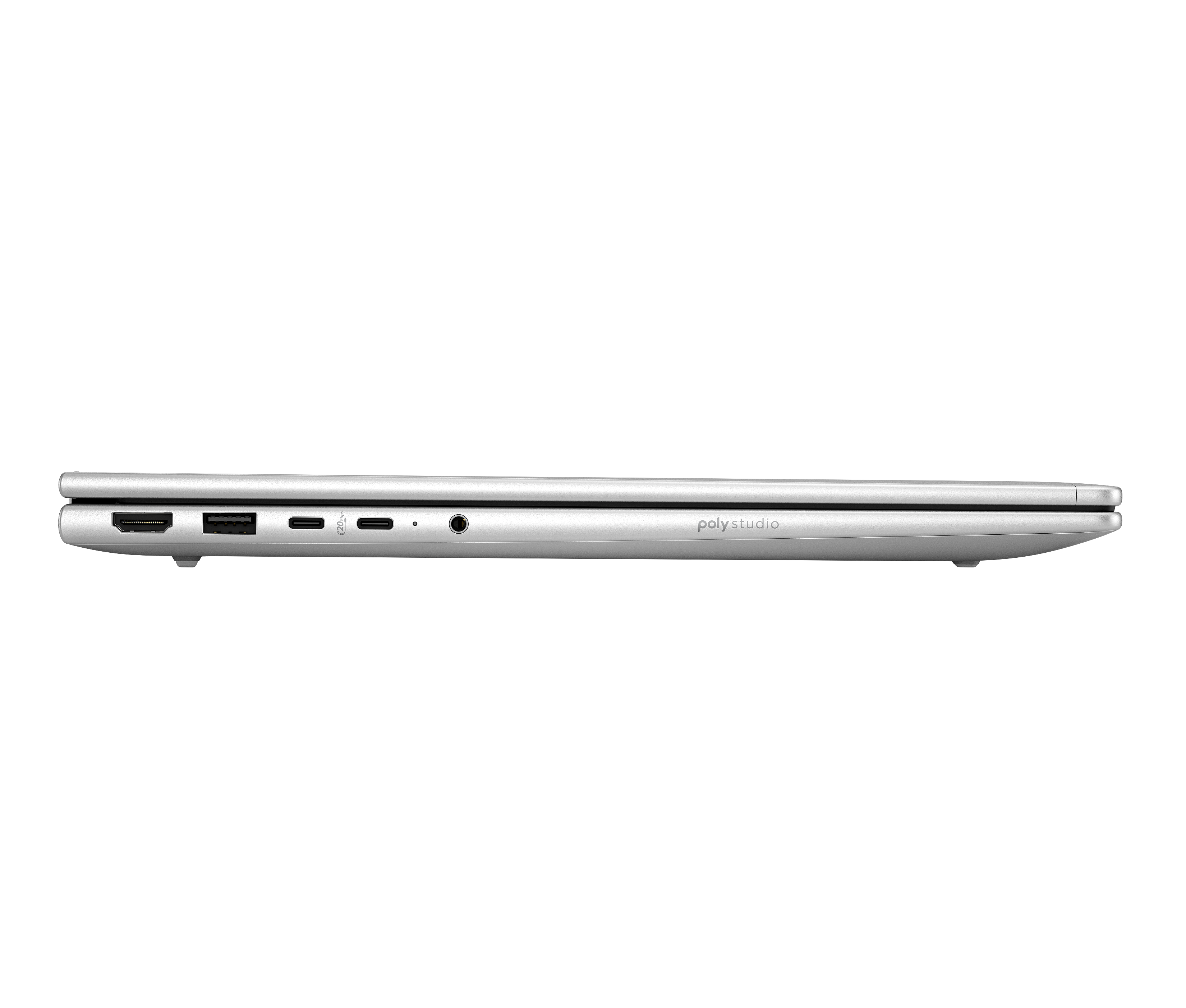 Side view of a silver laptop on a black background. Ports are visible on the side.