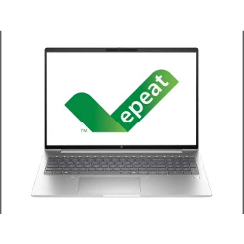 Un ordinateur portable argenté affiche le logo 'epeat'. L'écran montre une coche verte avec du texte. Clavier et pavé tactile visibles.