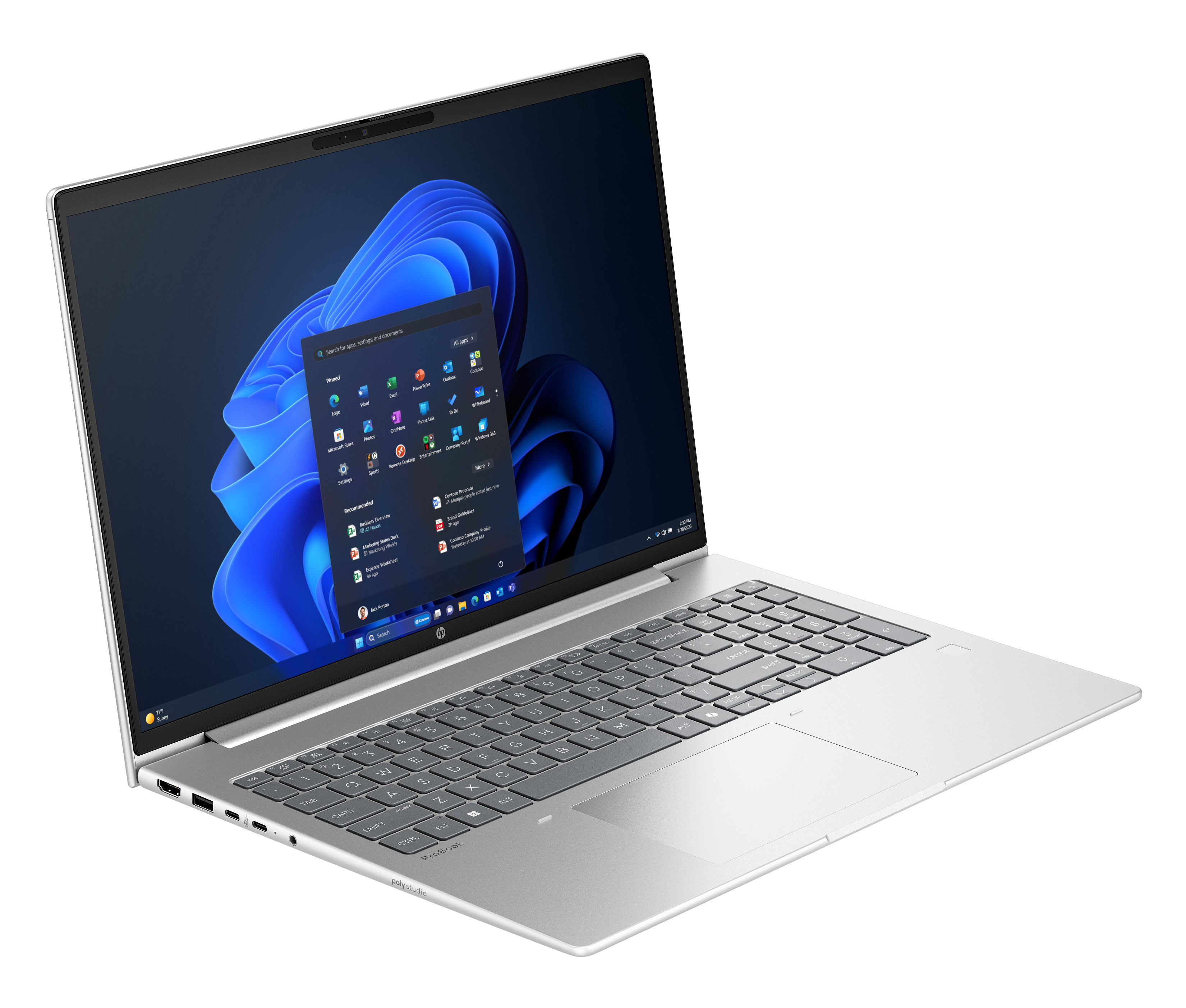 Silberner Laptop zeigt Windows 11. Geöffnetes App-Menü. Schwarzer Hintergrund.