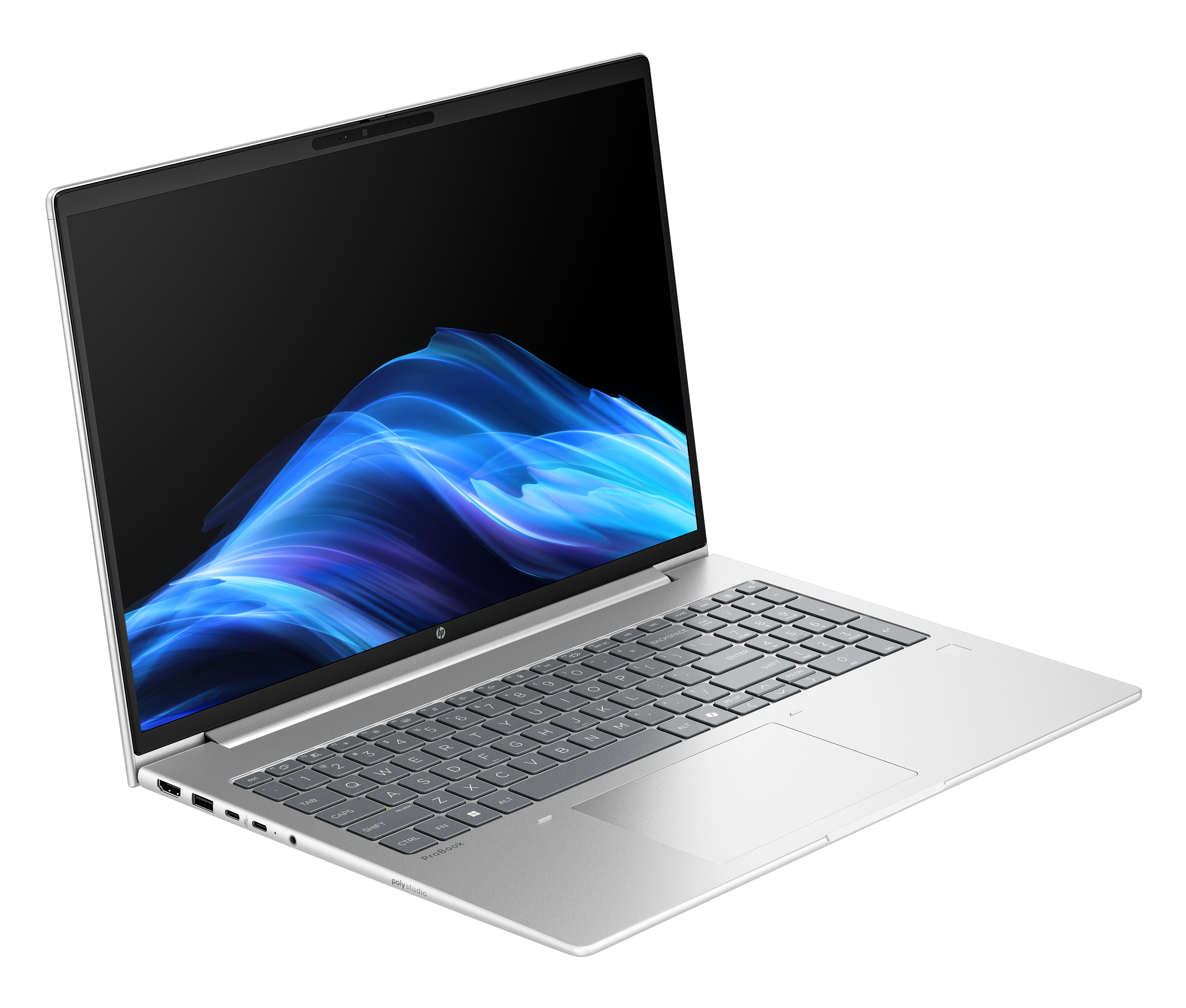 Silver laptop with a lit screen showing blue and white abstract art, on a black background. Keyboard visible.