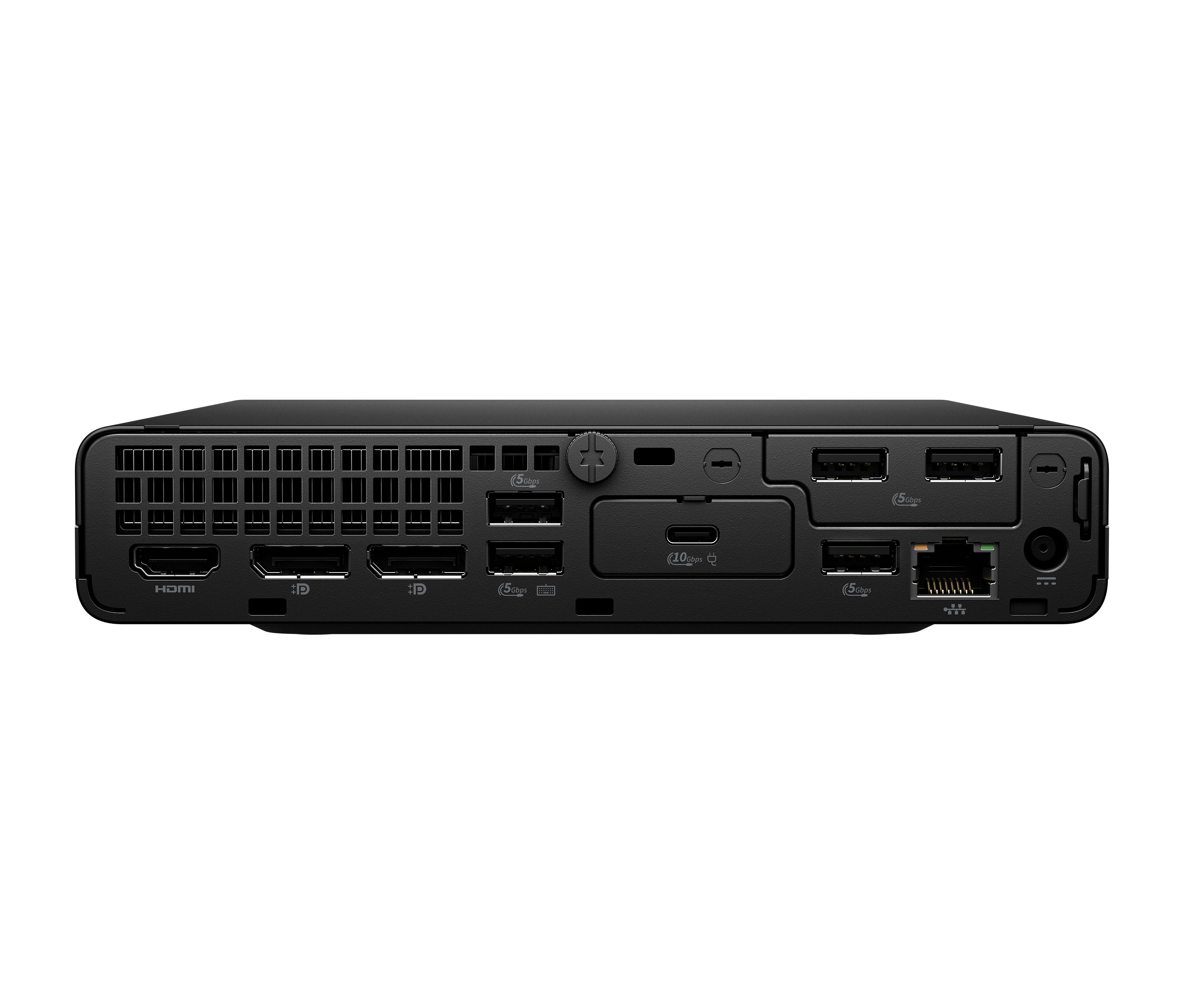 Schwarze Computer-Rückseite mit verschiedenen Anschlüssen: HDMI, USB, Ethernet und andere, vor schwarzem Hintergrund.