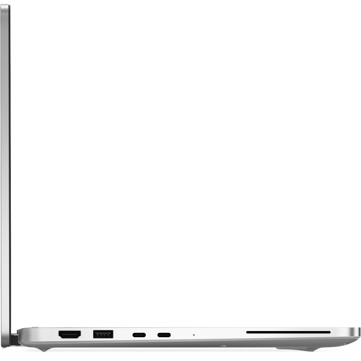 Zijaanzicht van een zilveren laptop met poorten: HDMI, USB, twee USB-C, SD-kaartlezer.