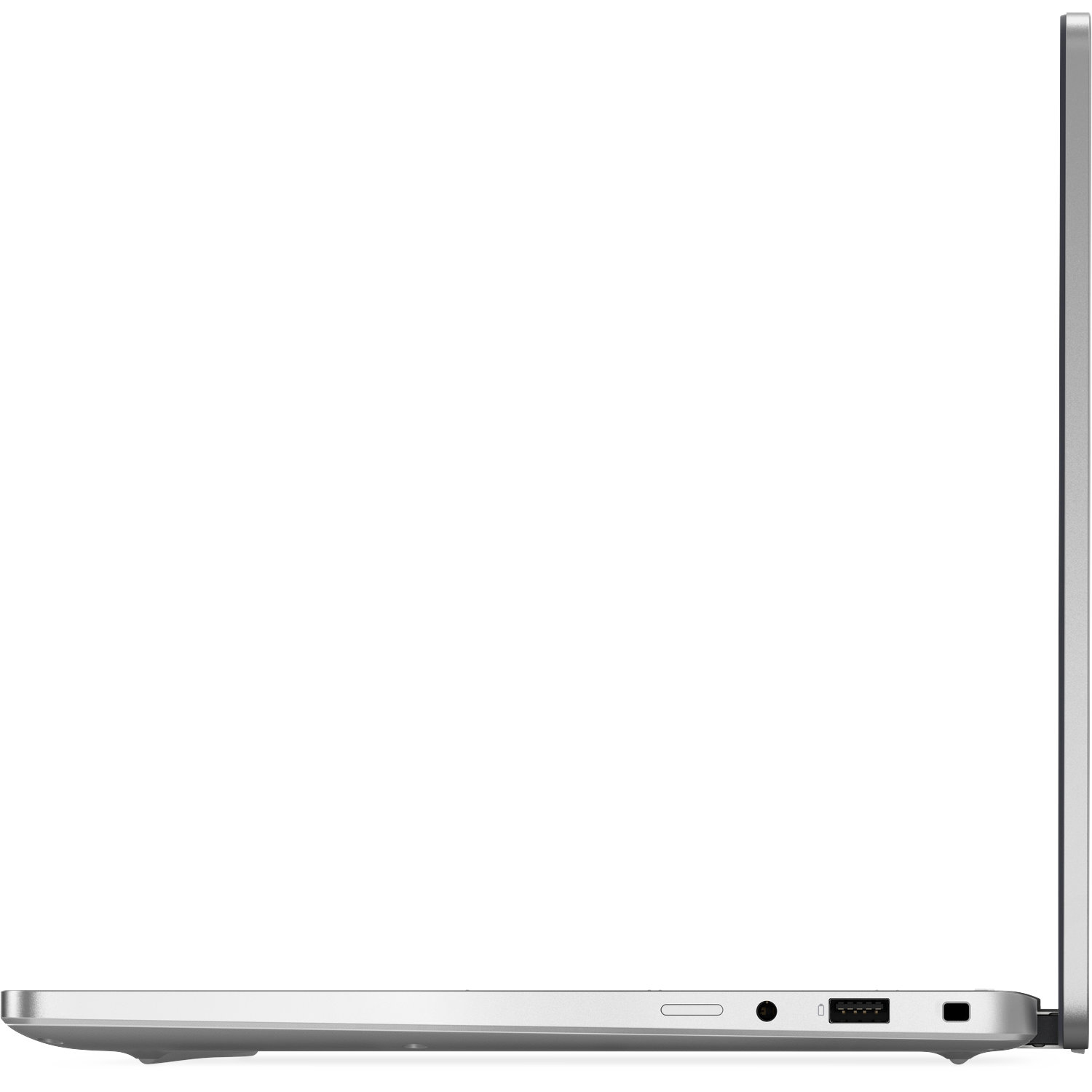 Zilveren laptop zijaanzicht, met poorten: audiojack, USB en aan/uit-knop.