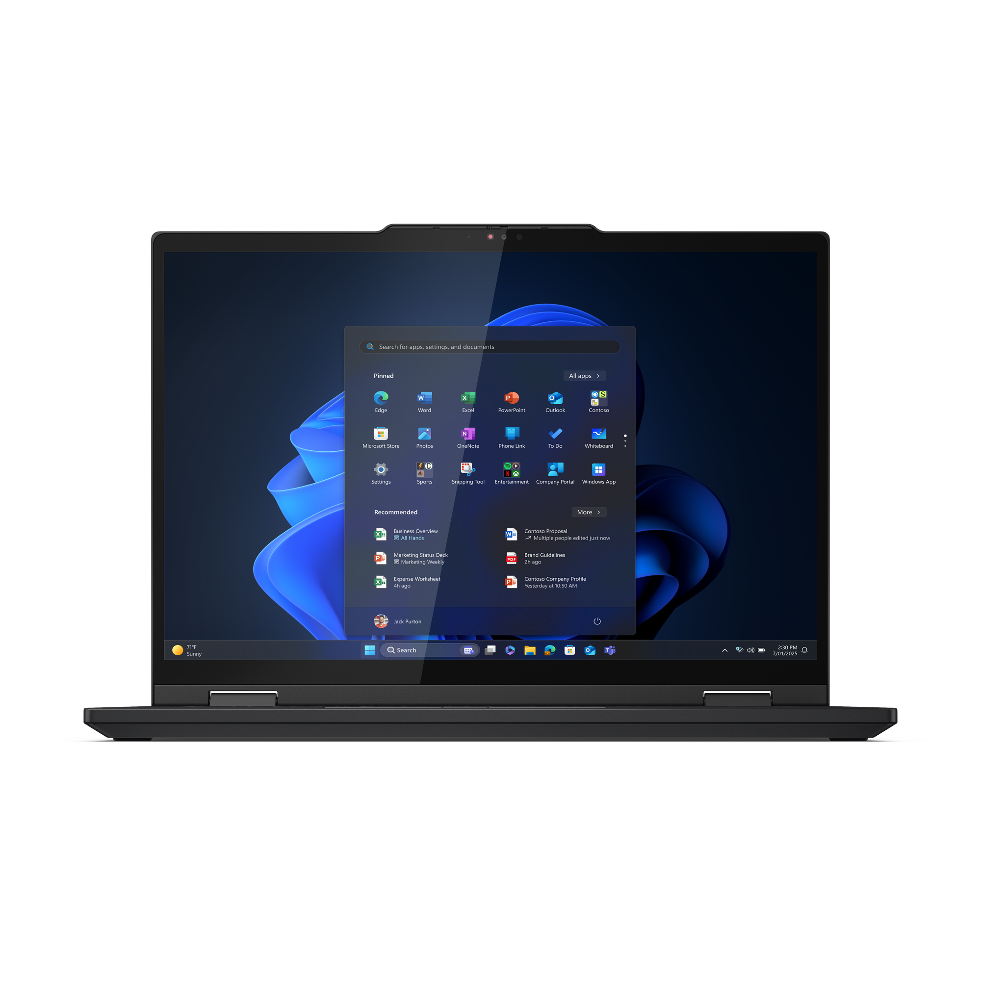 Laptop, der die Windows 11-Oberfläche mit App-Symbolen anzeigt. Der Hintergrund ist schwarz.