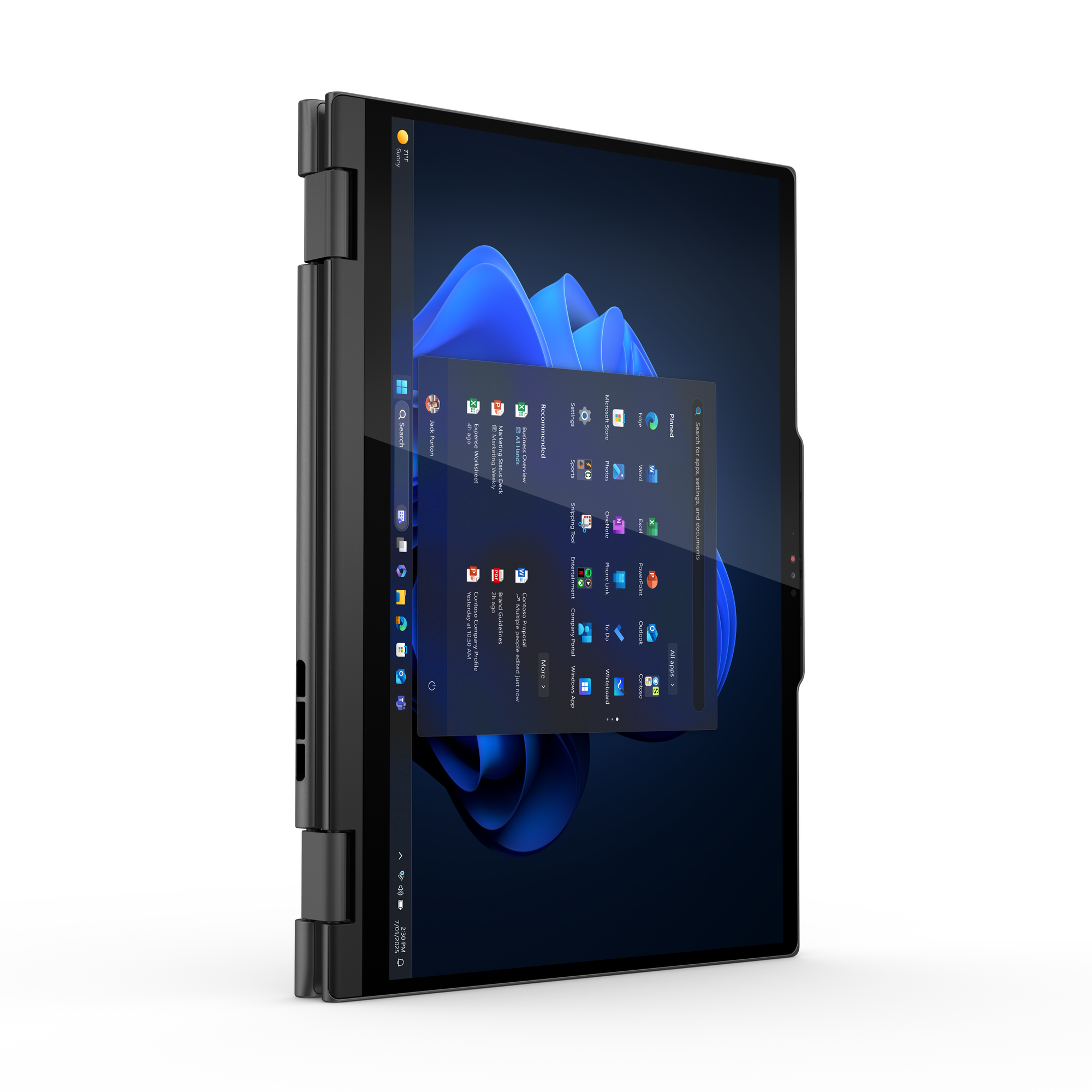 Ein Laptop-Bildschirm zeigt das Windows 11-Startmenü mit Symbolen. Der Bildschirm ist vor einem schwarzen Hintergrund geöffnet.