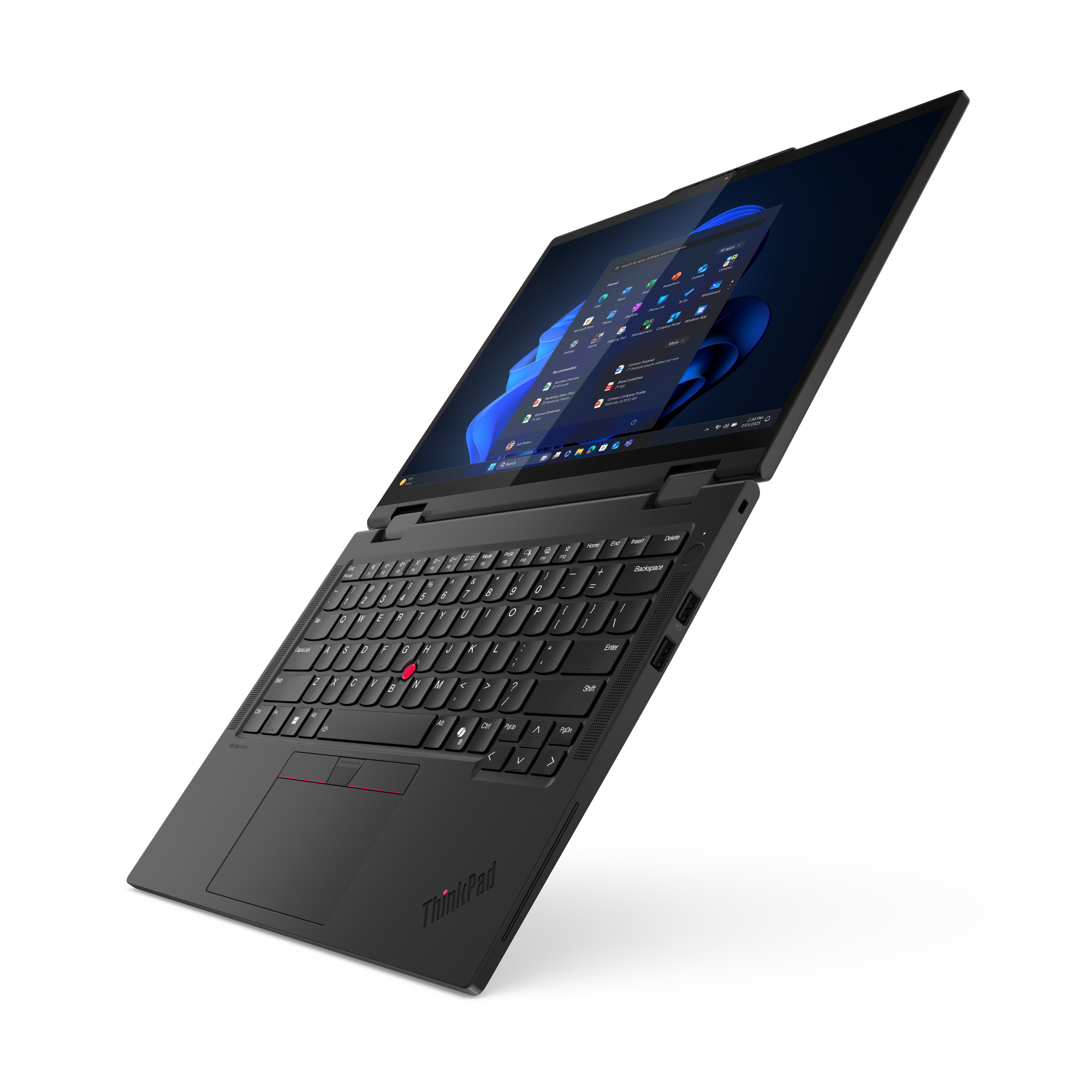 Schwarzer ThinkPad-Laptop, auf schwarzem Hintergrund abgewinkelt. Der Bildschirm zeigt die Windows 11-Oberfläche.