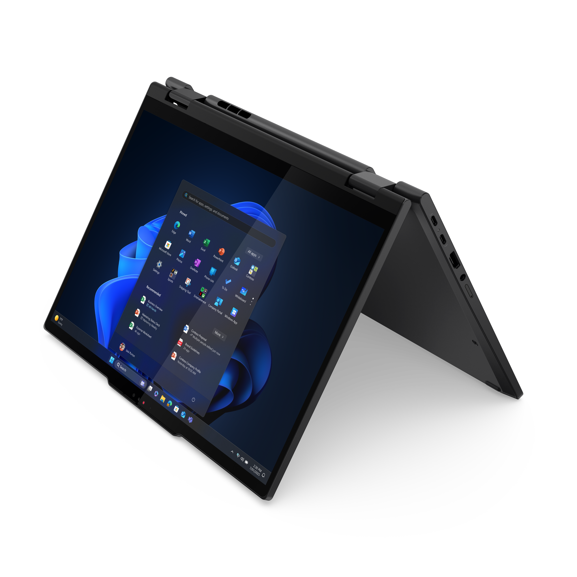 Schwarzer Laptop mit geöffnetem Bildschirm, der das Windows-Startmenü anzeigt. Der Hintergrund ist schwarz.