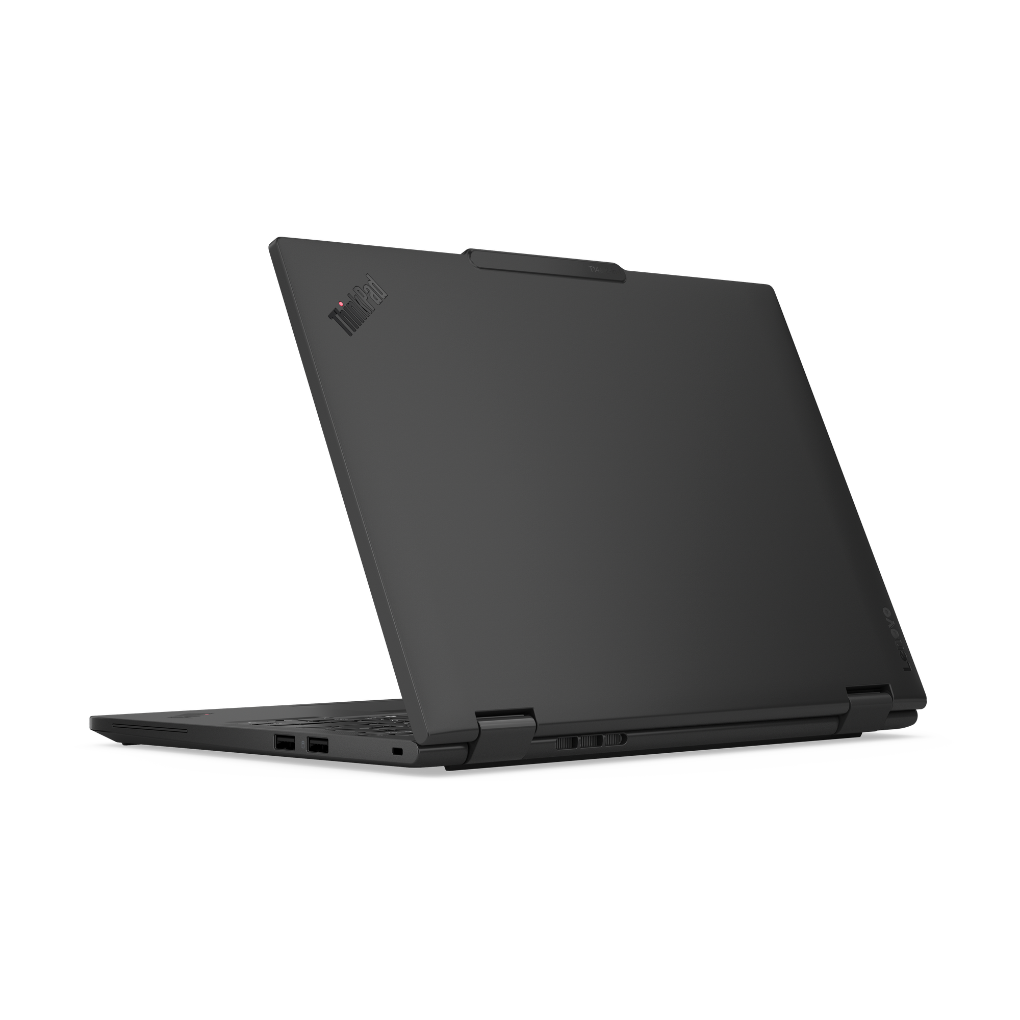 Ein schwarzer ThinkPad-Laptop ist auf schwarzem Hintergrund geöffnet. Der Bildschirm ist abgewinkelt. Das ThinkPad-Logo ist sichtbar.