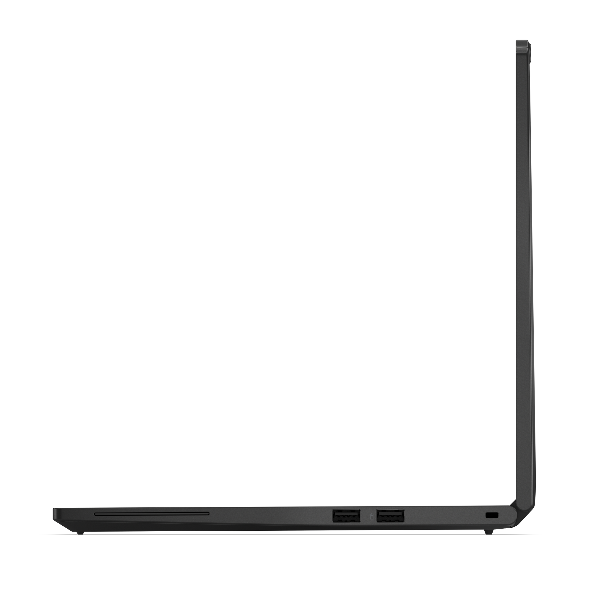 Seitenansicht eines geschlossenen, schwarzen Laptops. Zeigt Anschlüsse und das Bildschirmprofil. Vor schwarzem Hintergrund.