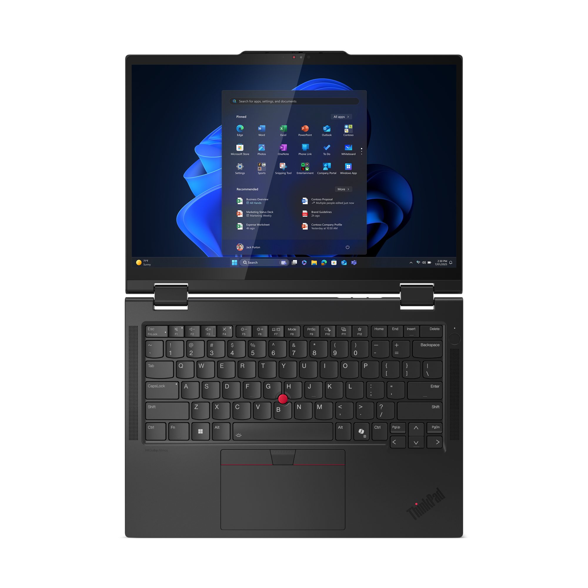 Schwarzer ThinkPad-Laptop, geöffnet auf dunkler Oberfläche, zeigt Windows-Oberfläche. Tastatur sichtbar, Windows-Menü geöffnet.