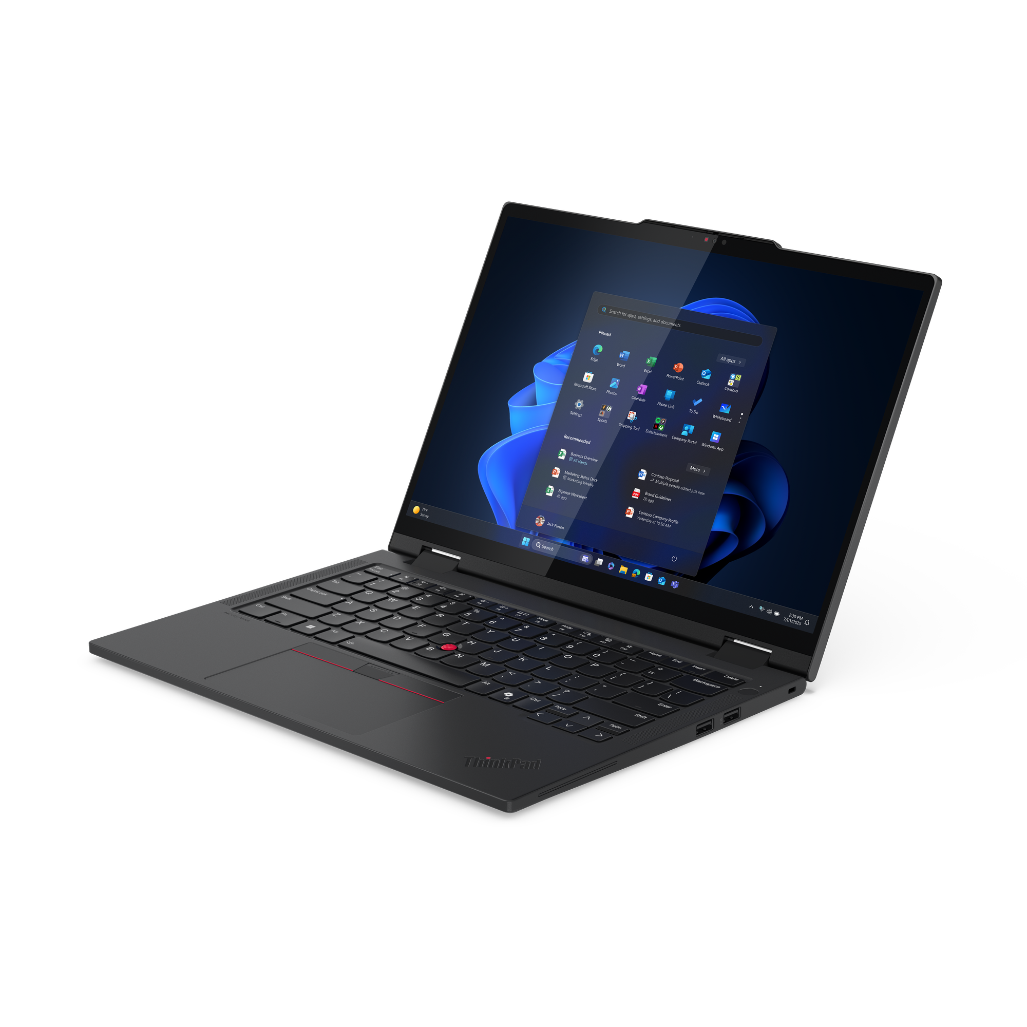 Ein schwarzes ThinkPad-Laptop ist geöffnet und zeigt das Windows-Startmenü an. Der Bildschirm ist angewinkelt, mit schwarzem Hintergrund.