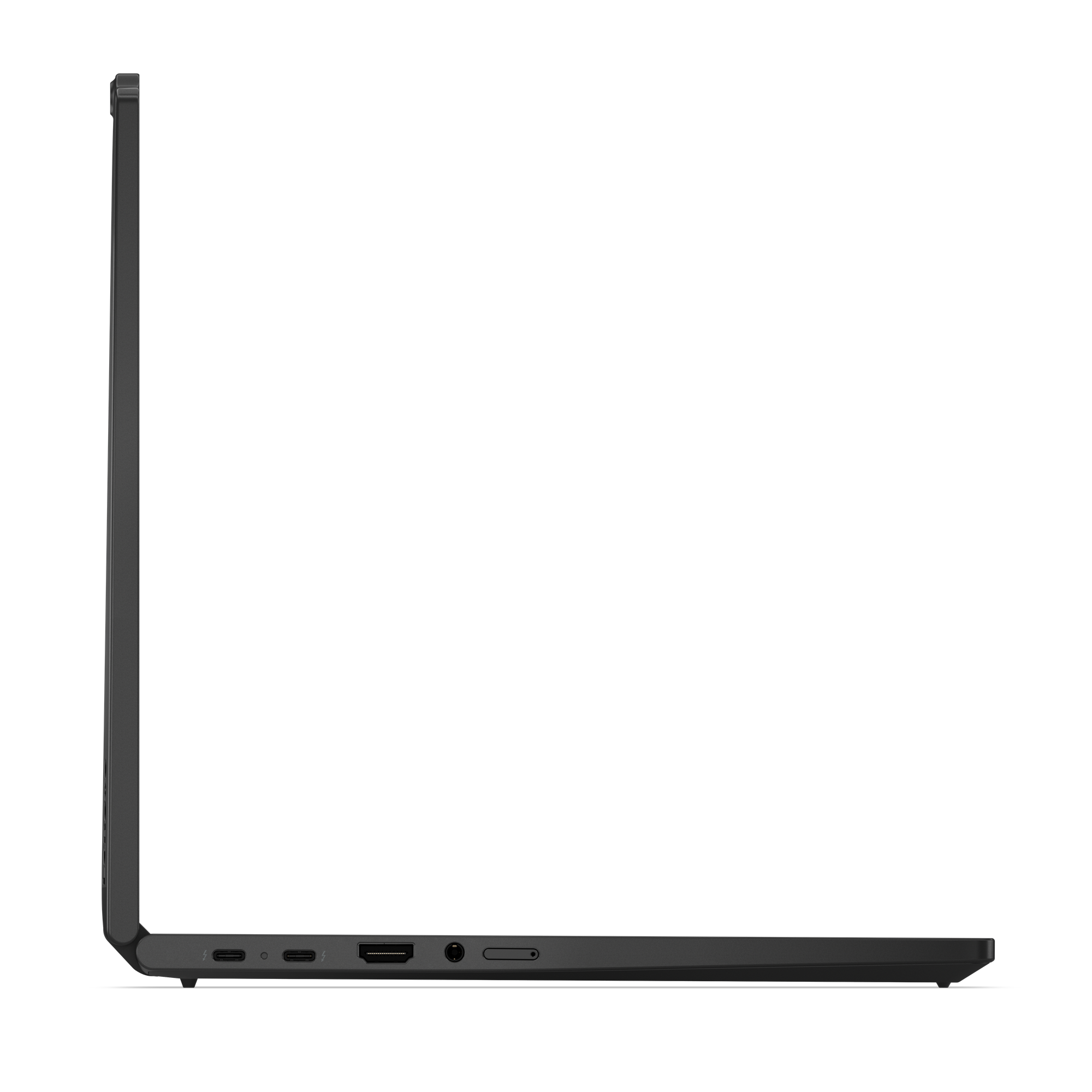 Seitenansicht eines dunkelgrauen Laptops. Anschlüsse und ein Scharnier sind sichtbar.