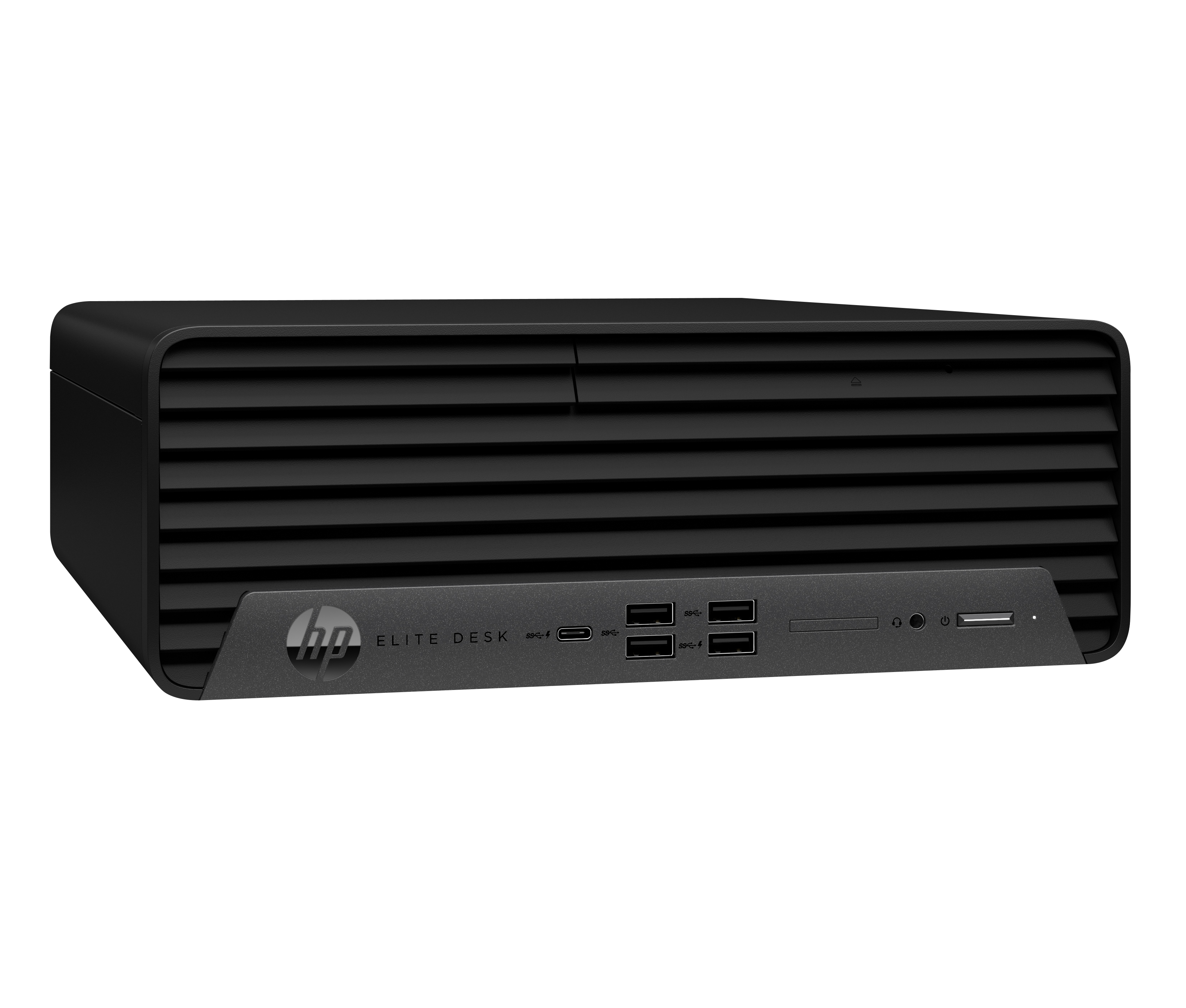 Schwarzer HP Elite Desk Computer. Die Vorderseite hat USB-Anschlüsse, einen Kopfhöreranschluss und eine Ein-/Aus-Taste.