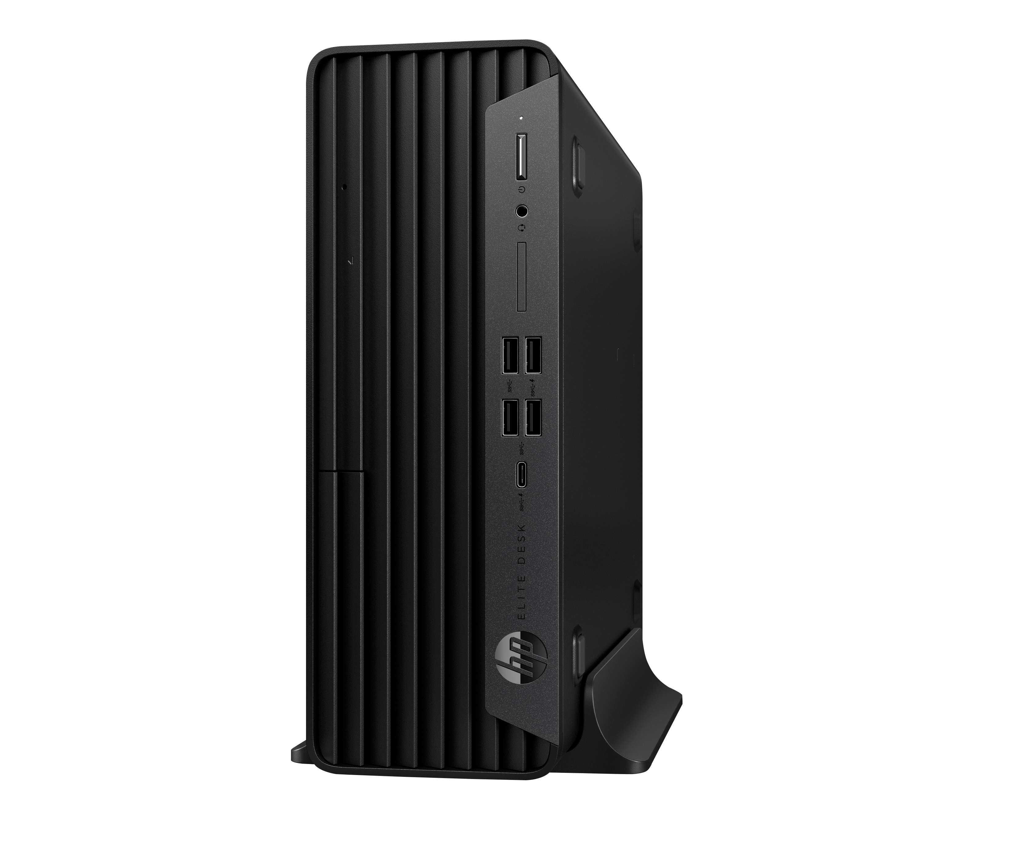 Schwarzer HP EliteDesk Desktop-Computer, Seitenansicht, mit mehreren Anschlüssen und dem HP-Logo. Schwarzer Hintergrund.