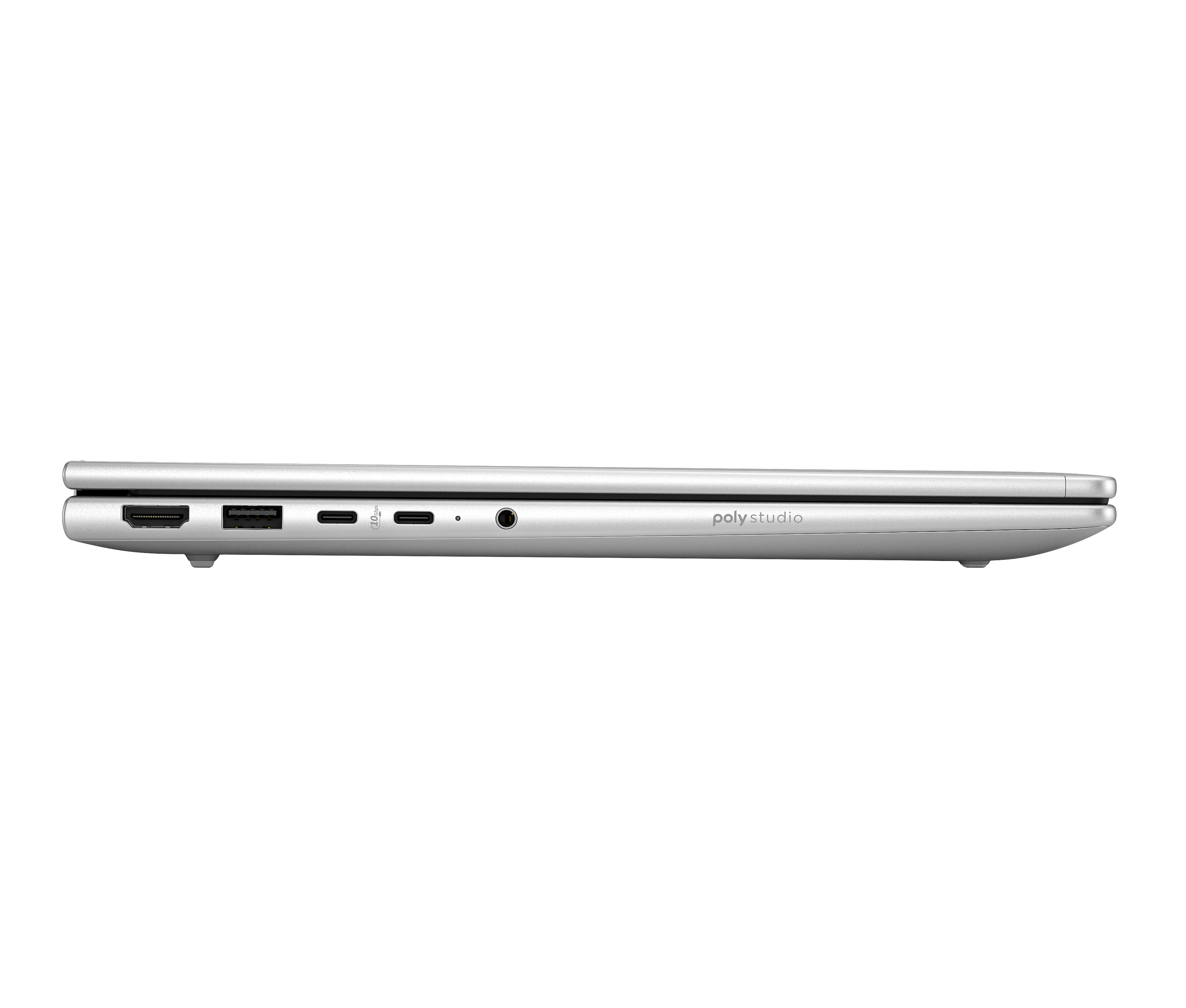 Zijaanzicht van een zilveren laptop, poorten zichtbaar aan de linkerkant. De achtergrond is zwart.