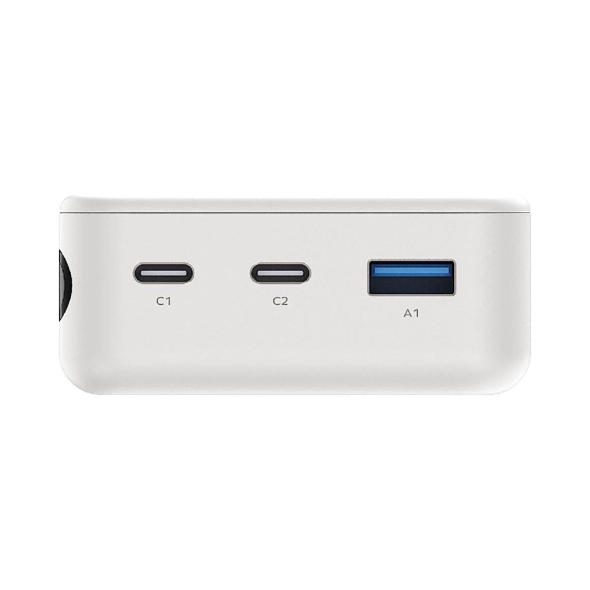 Üç bağlantı noktasına sahip beyaz bir güç bankası: C1, C2 ve A1. C1 ve C2 USB-C, A1 ise USB-A'dır.