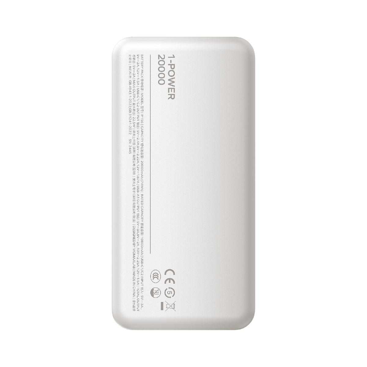 Siyah yazılı beyaz bir powerbank. 1-POWER 20000 yazıyor. CE işareti ve ürün bilgileri var.