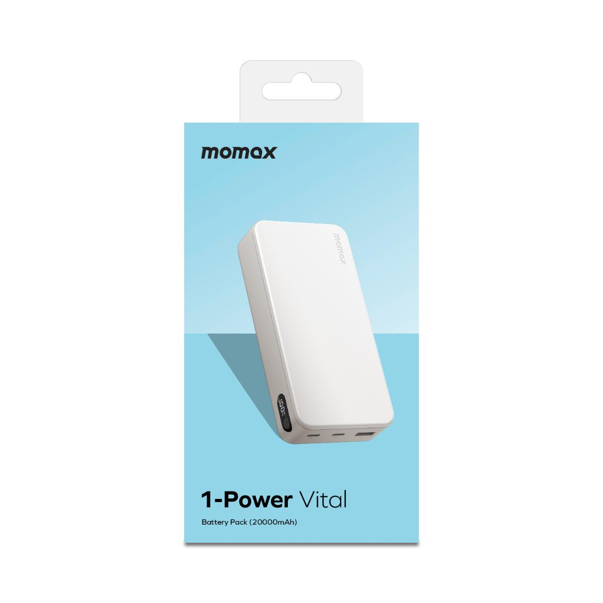 Mavi arka planda beyaz Momax 1-Power Vital pil takımı. Metin: 1-Power Vital Battery Pack (20000mAh).