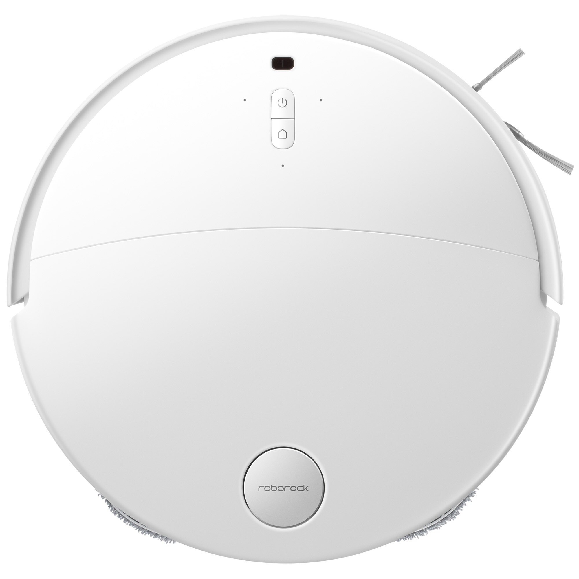 Biały robot odkurzający. Jest okrągły z przyciskami i logo. Z boku szczotka i czujnik. Widok z góry.