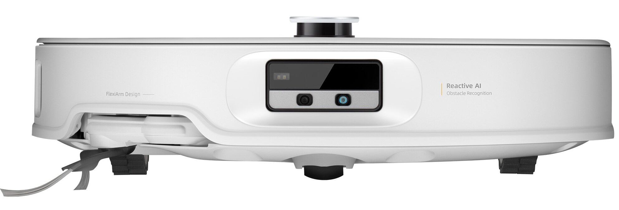 Biały robot odkurzający z zestawem czujników. Posiada 'FlexArm Design' i 'Reactive AI Obstacle Recognition'.